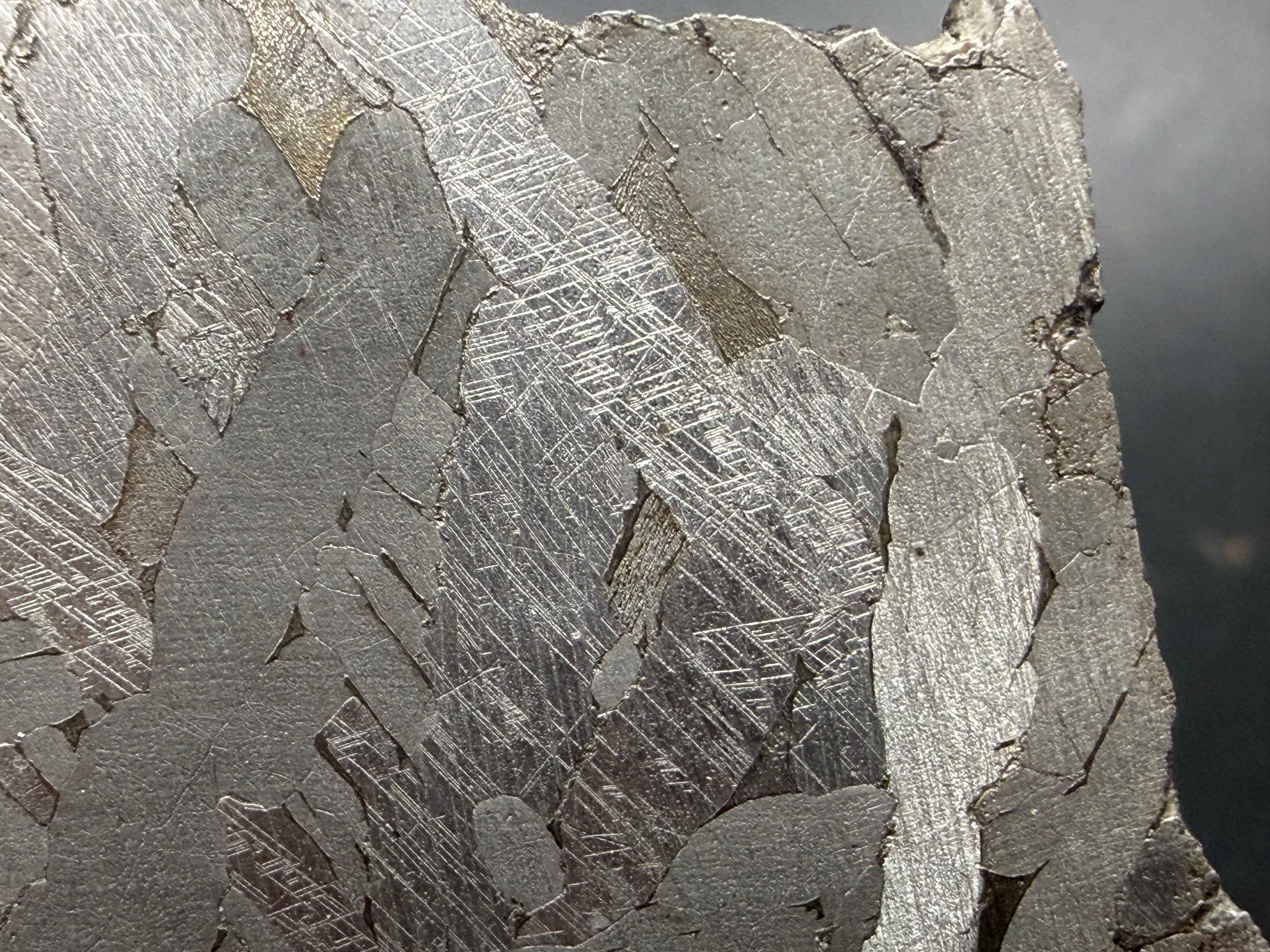 Close-up of Widmanstätten pattern and Neumann bands on Kaali järv iron meteorite slice