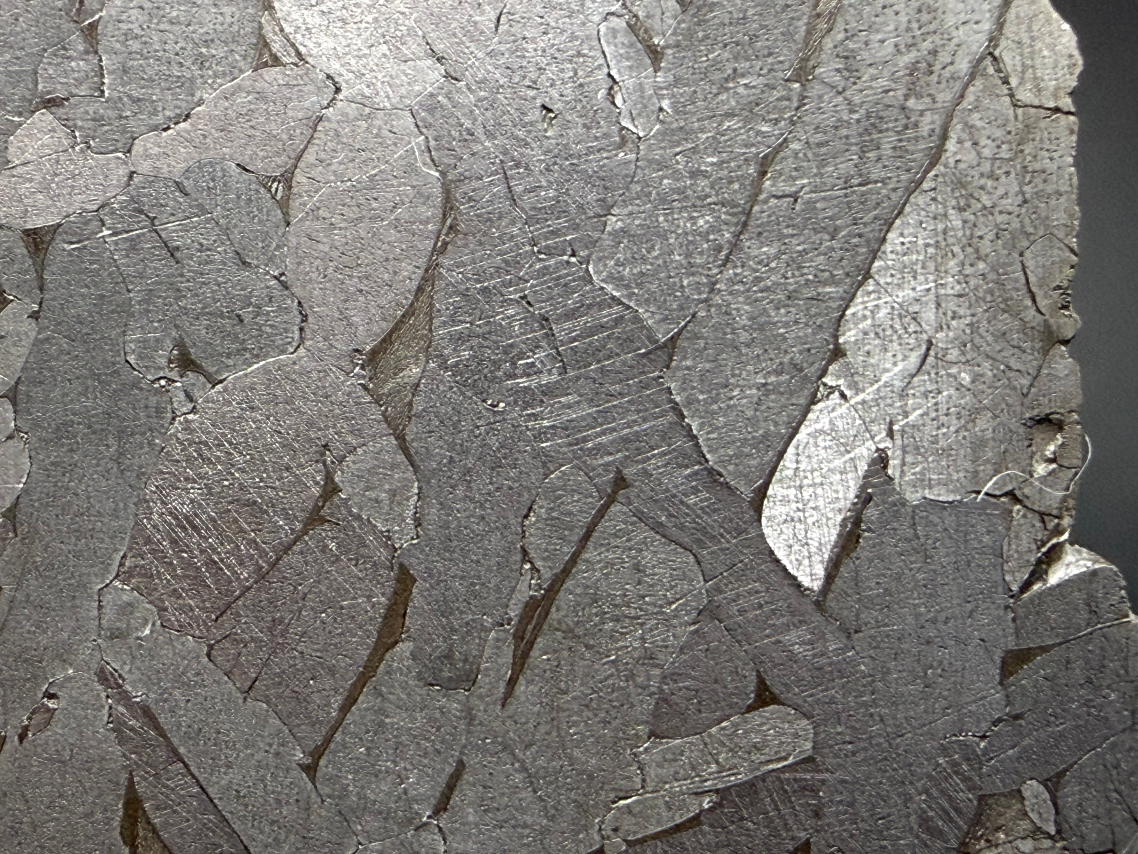 Macro detail of Widmanstätten pattern and kamacite-taenite lamellae in Kaalijärv IAB-MG iron meteorite slice