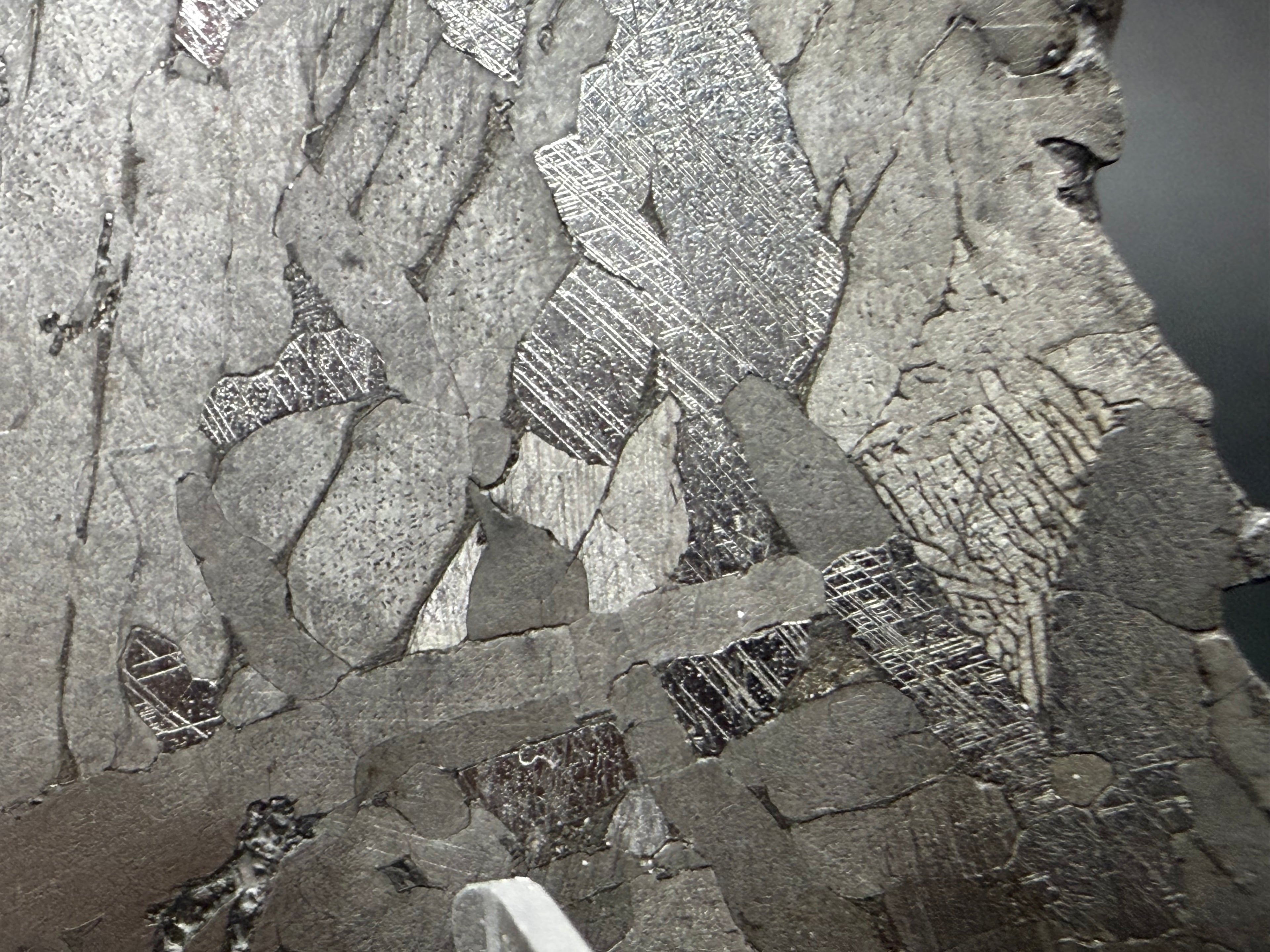 Macro detail of Widmanstätten pattern showing kamacite and taenite intergrowth in Kaalijärv iron meteorite