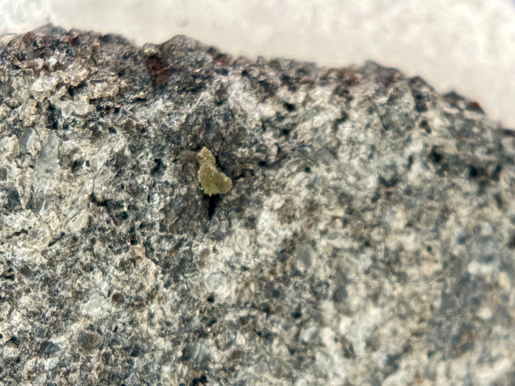 Macro view of Ksar Ghilane 022 ungrouped achondrite meteorite slice showing equant augite grains dominating matrix with minor enstatite, 2.33g