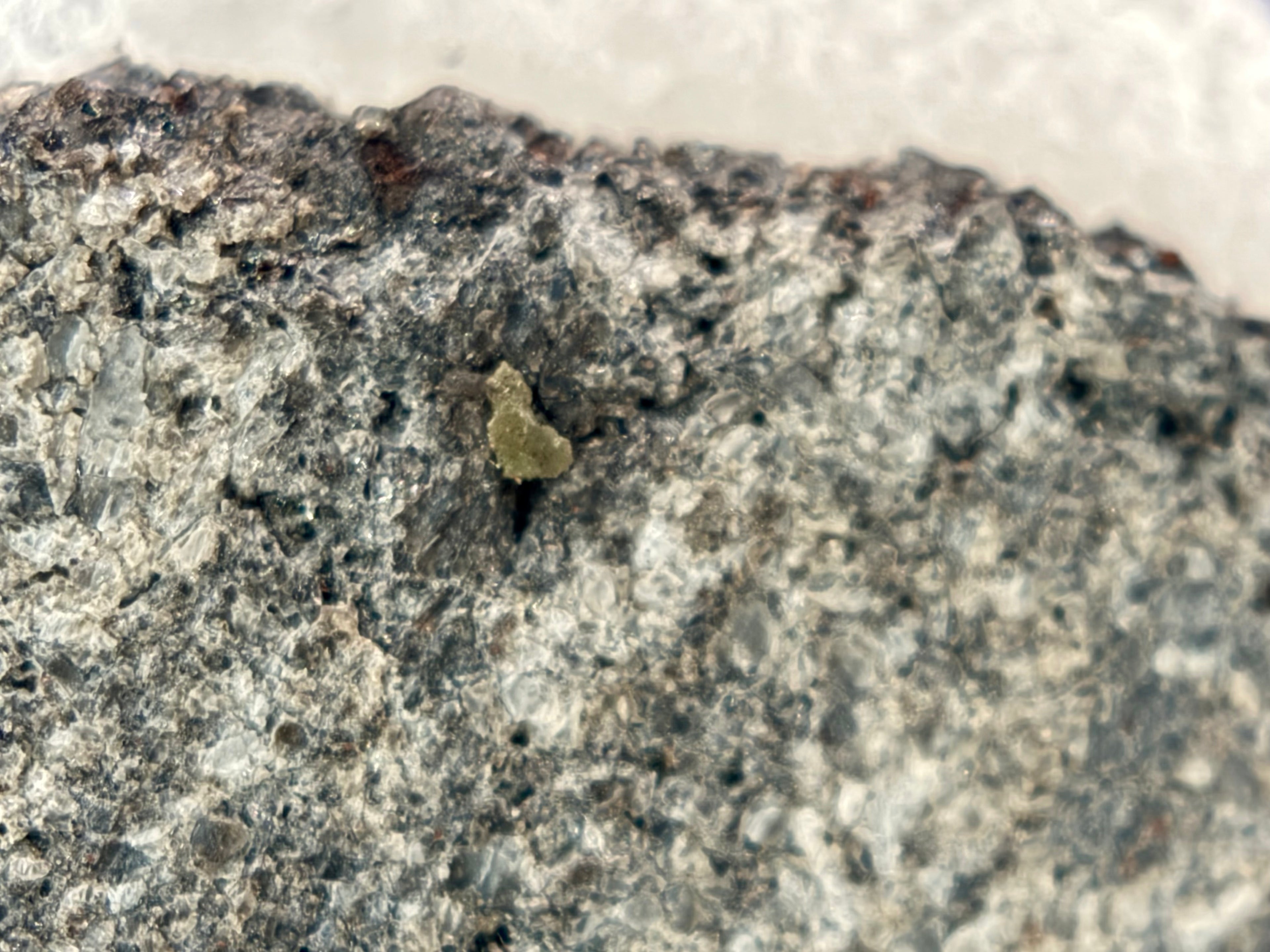 Macro view of Ksar Ghilane 022 ungrouped achondrite meteorite slice showing equant augite grains dominating matrix with minor enstatite, 2.33g