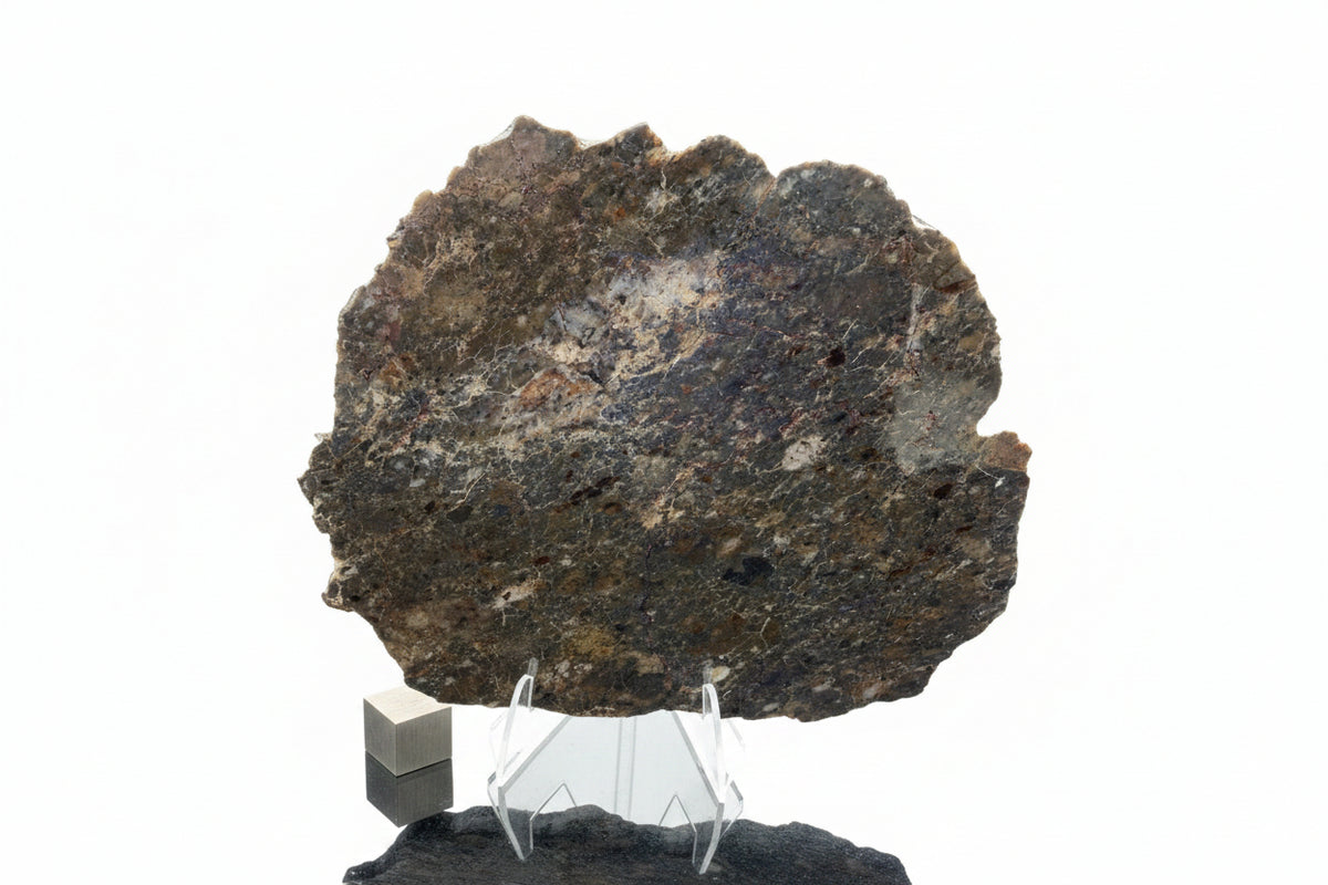 Laayoune 002 lunar meteorite end cut, 116.40 g, mirror polished cut face upright on a display stand