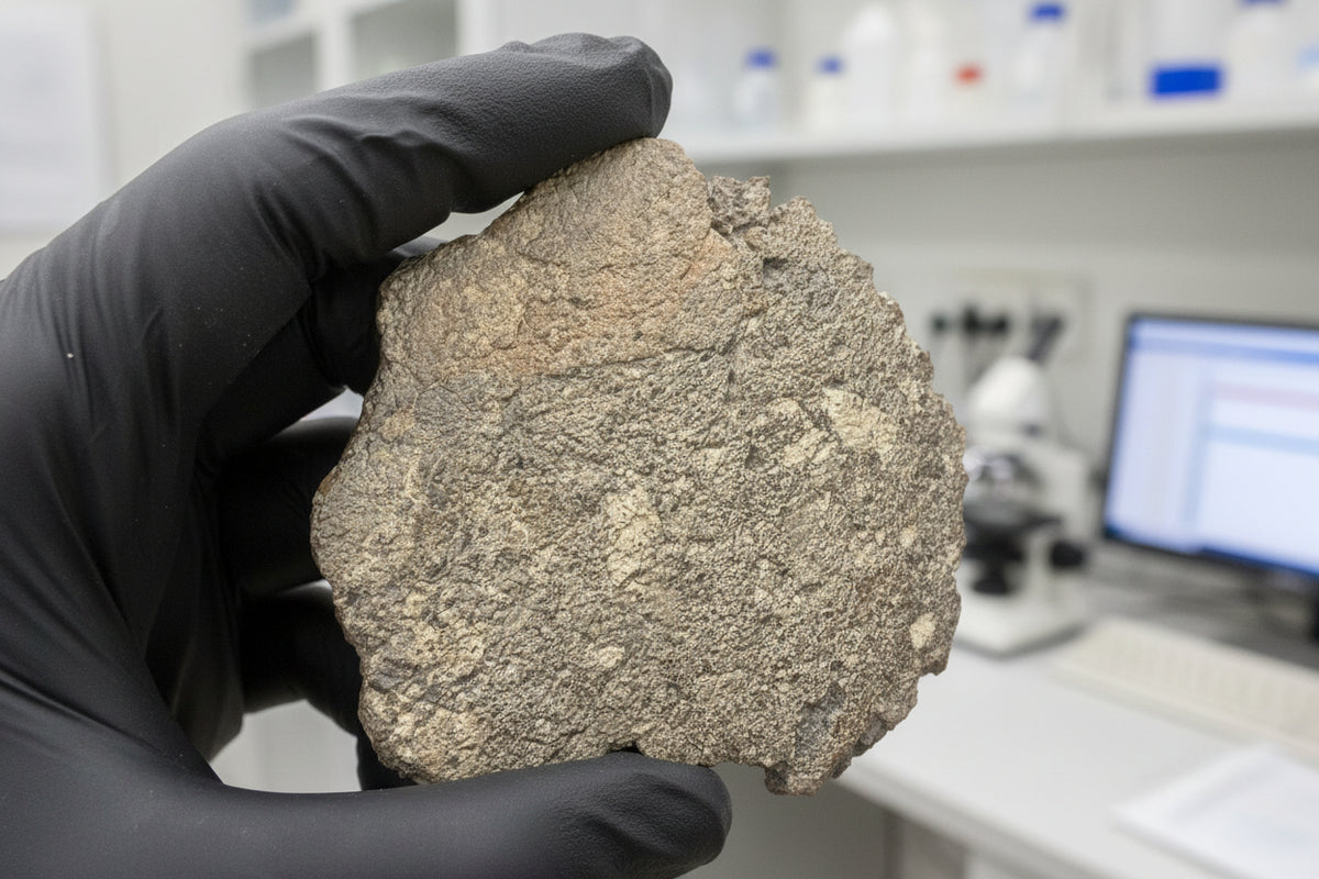 Domed face of the Laayoune 002 lunar feldspathic breccia individual, 316.21 grams, gray surface with whitish clasts