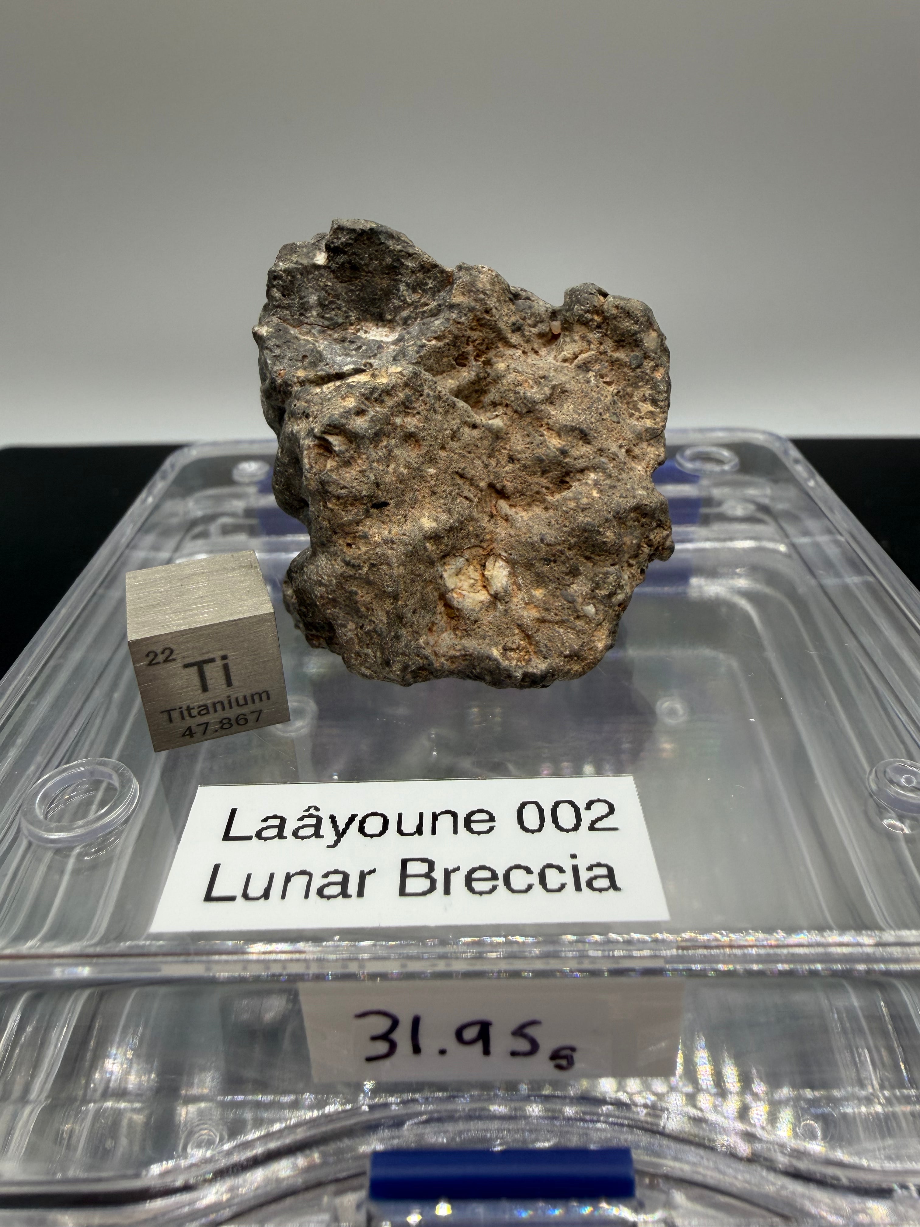 Macro photo of Laayoune 002 lunar meteorite showing anorthositic clasts in feldspathic breccia matrix and pale highland coloration, 31.95g