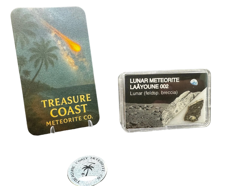 Laâyoune 002 lunar meteorite display card in product box