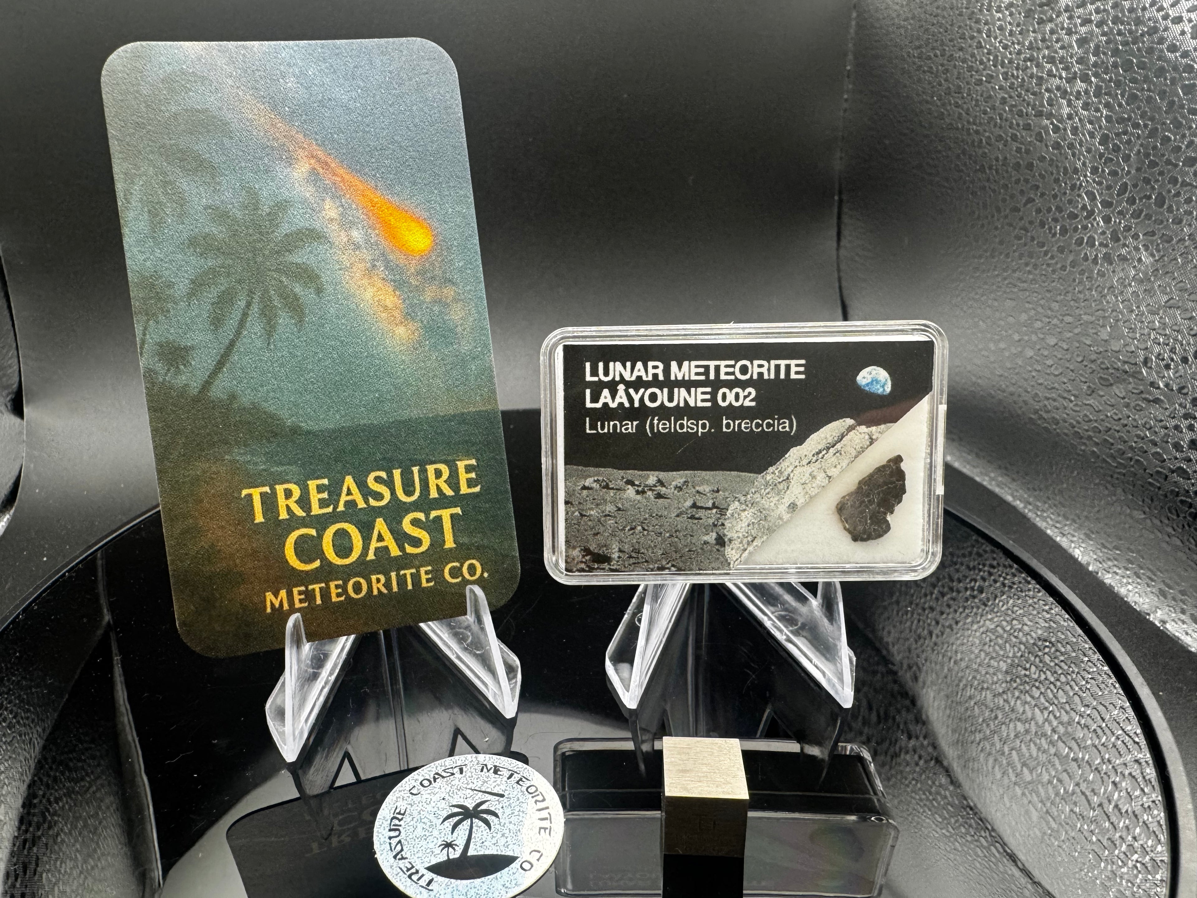 Laâyoune 002 lunar meteorite slice in small collector display box