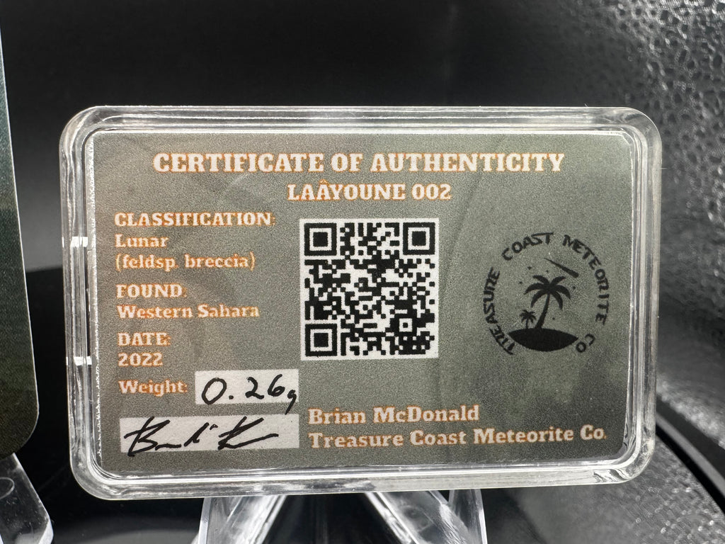 Laâyoune 002 lunar meteorite display case with specimen information card