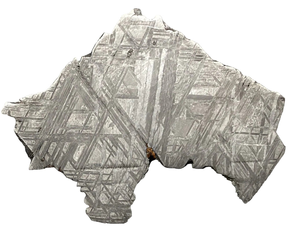 Muonionalusta iron meteorite slice, 33.46g, polished and etched face showing the Widmanstatten pattern