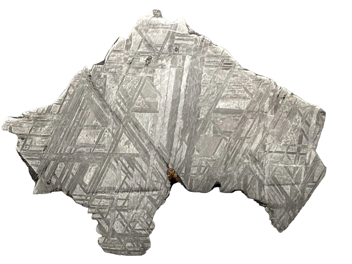 Muonionalusta iron meteorite slice, 33.46g, polished and etched face showing the Widmanstatten pattern