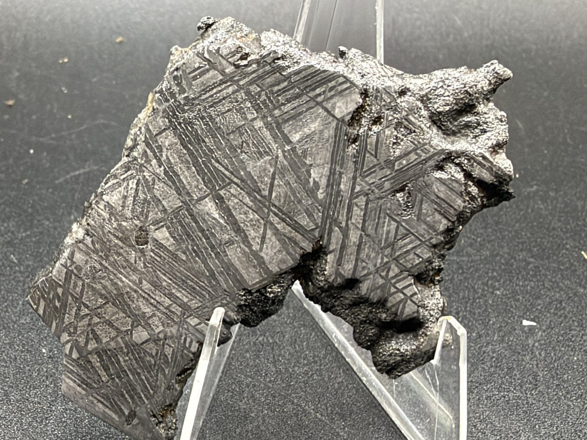 Reverse of the 33.46g Muonionalusta slice, etched without polishing, with exterior surface along one edge