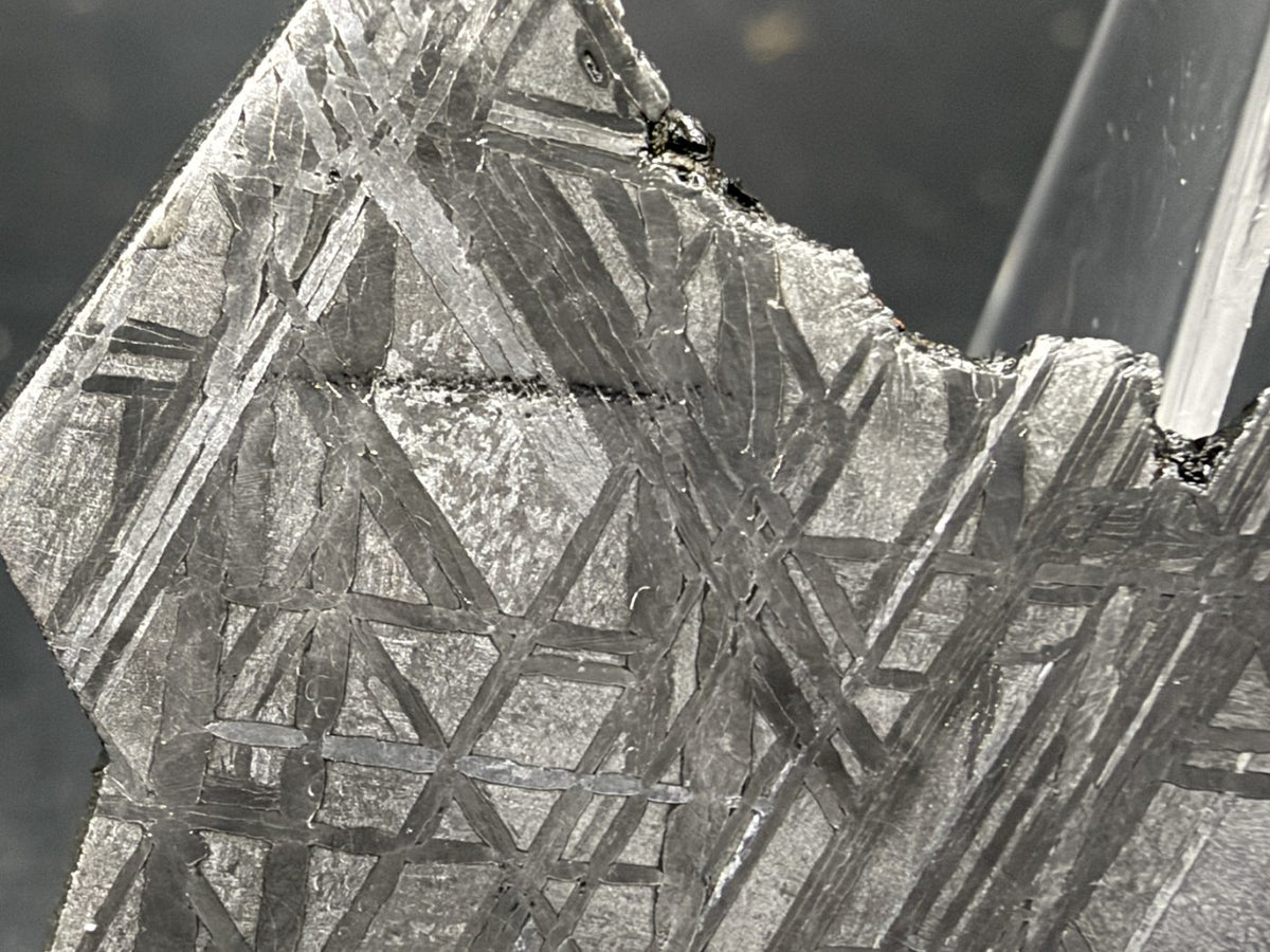 Close view of the Widmanstatten pattern on the polished face of the 33.46g Muonionalusta slice