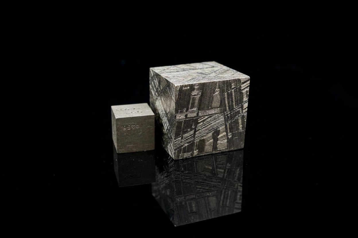 Angled view of Muonionalusta iron meteorite 2cm cube showing crosshatched Widmanstatten etch, with scale reference cube, 65g