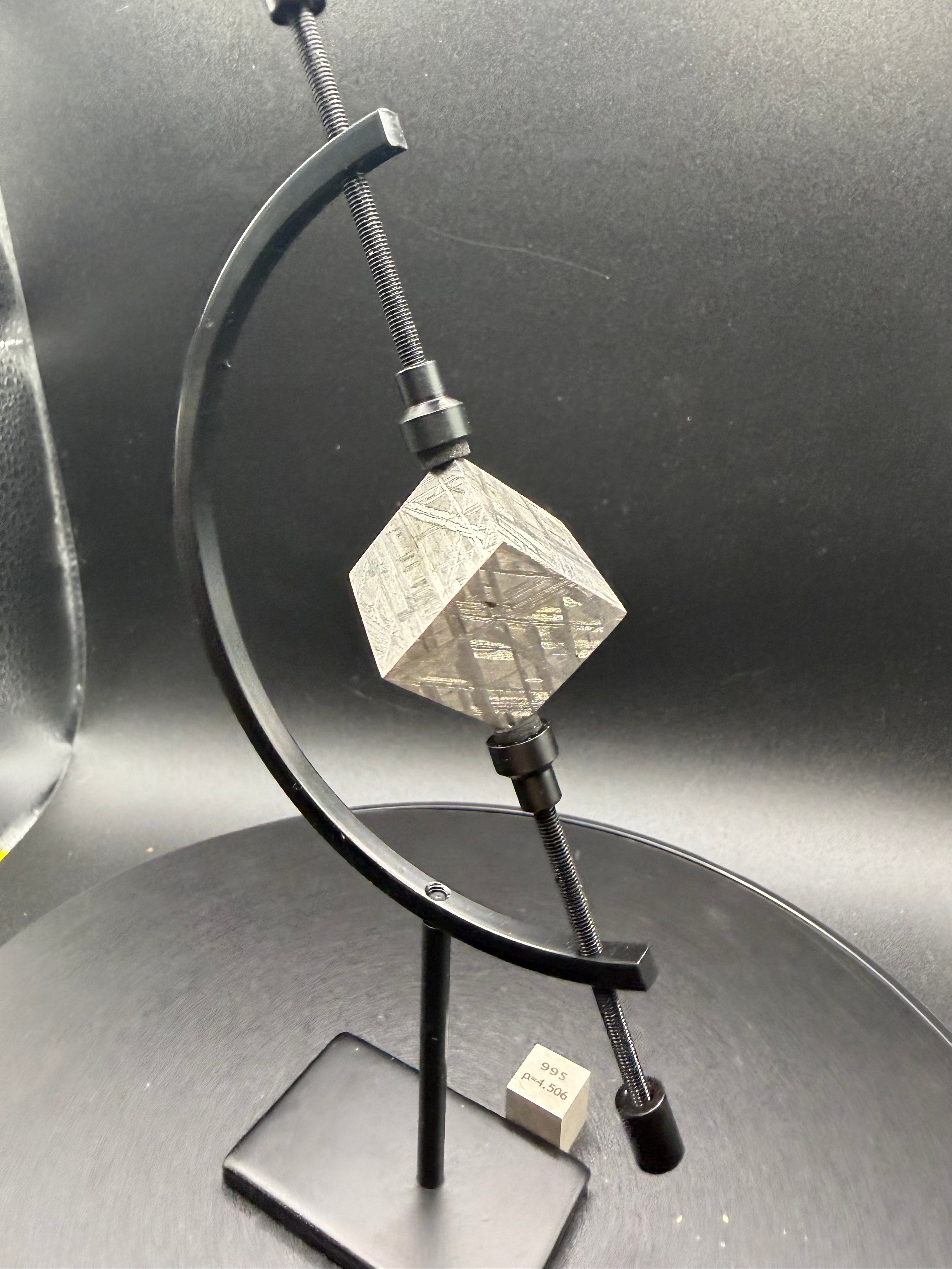 Muonionalusta iron meteorite 2cm cube corner mounted in adjustable black display stand, 65g