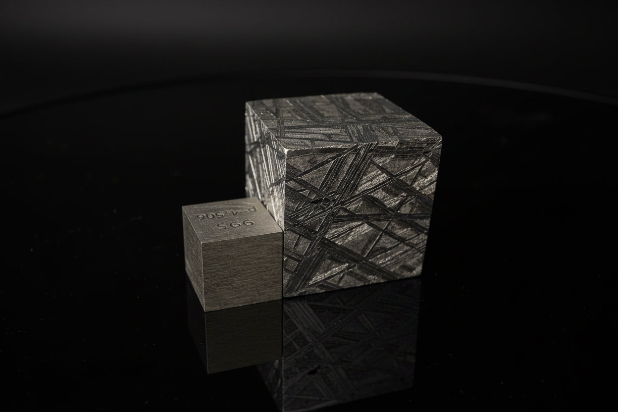 Front view of Muonionalusta iron meteorite cube showing Widmanstatten etch on top and front faces beside density reference cube, 65g