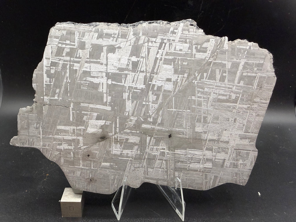 Photograph of Muonionalusta IVA fine octahedrite iron meteorite large slice showing etched Widmanstätten pattern, 330.81g