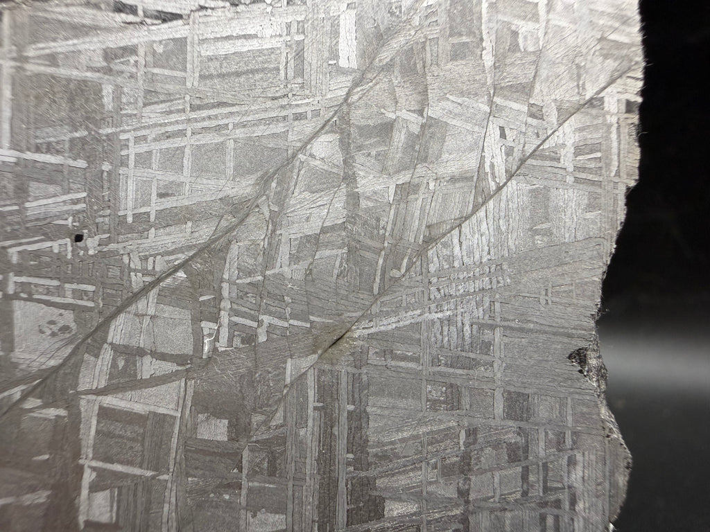 Macro view of Muonionalusta iron meteorite revealing complex Widmanstätten crystalline pattern.