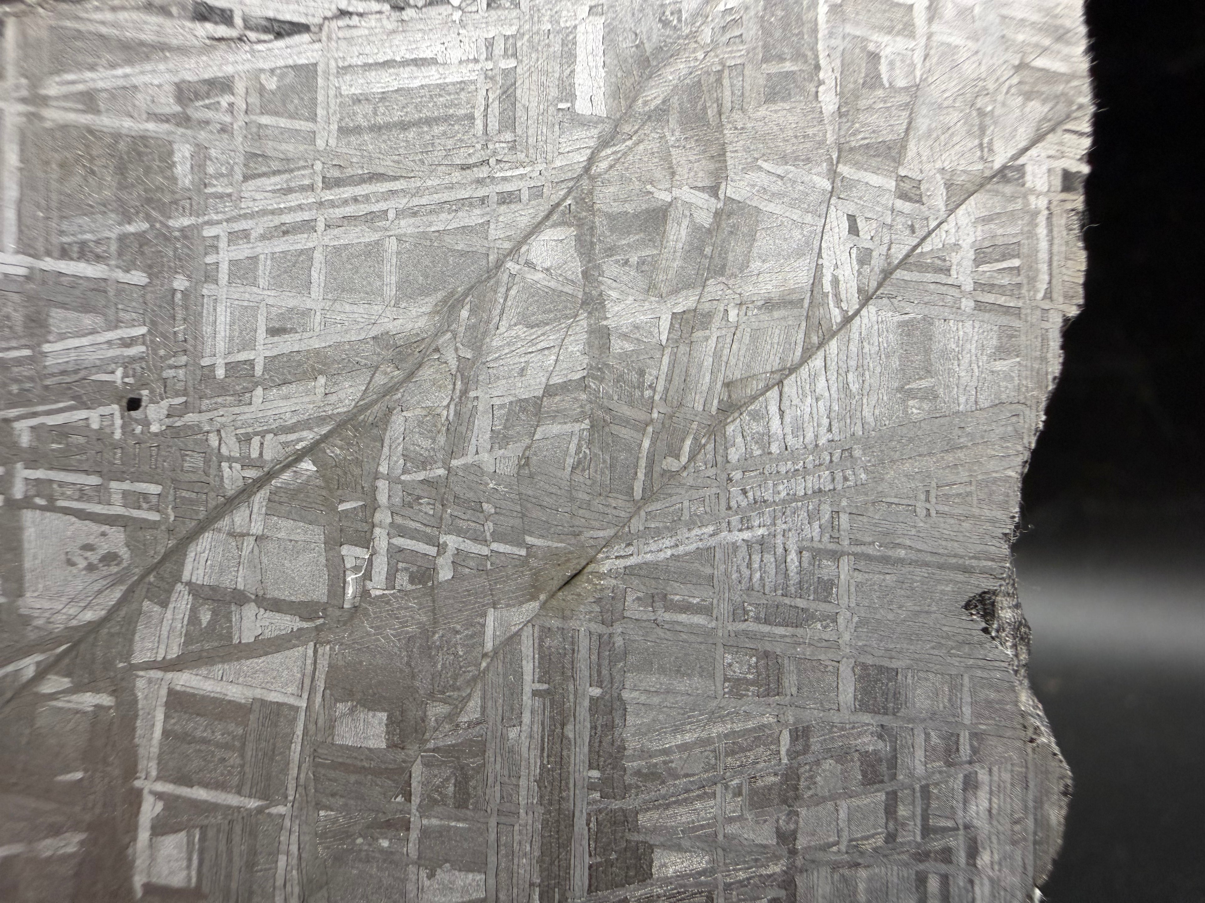 Macro view of Muonionalusta iron meteorite revealing complex Widmanstätten crystalline pattern.