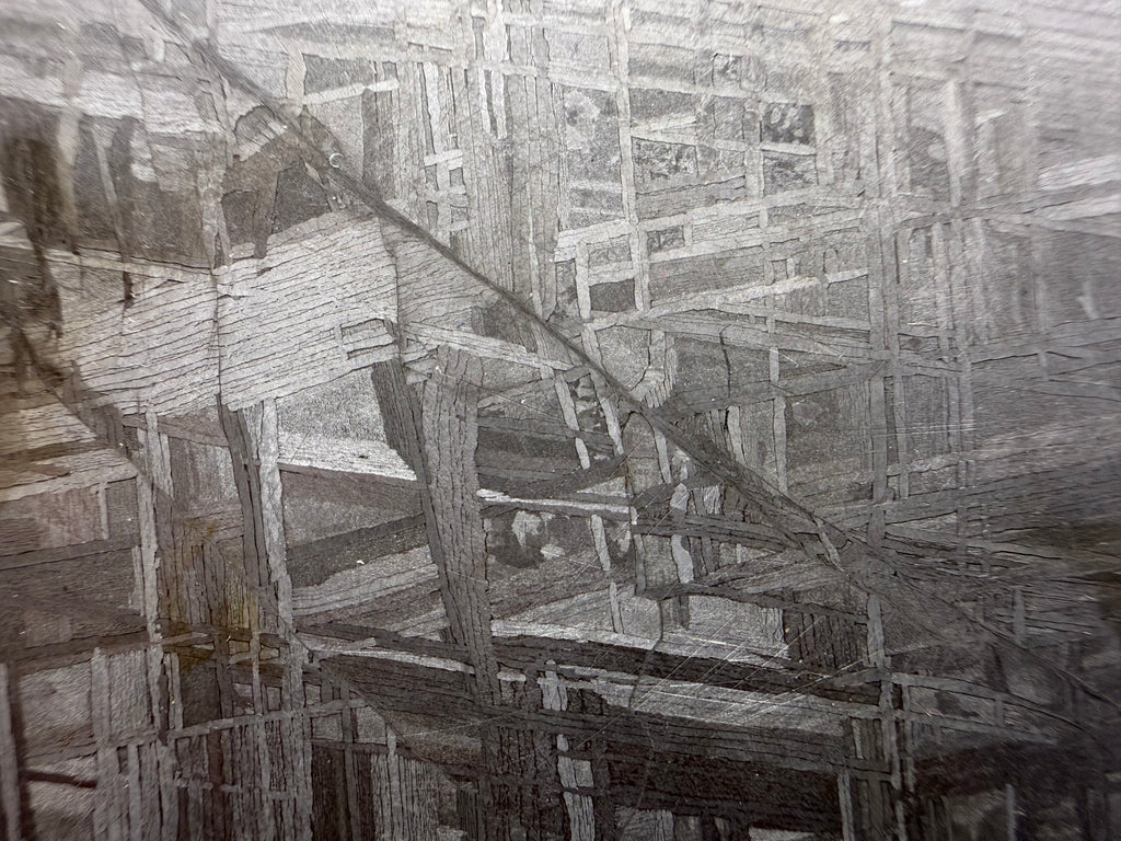 Macro photograph of Muonionalusta iron meteorite highlighting the crystalline Widmanstätten lamellae.