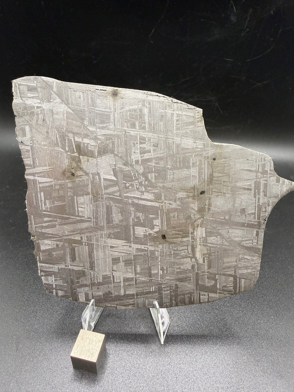 Muonionalusta iron meteorite slice with etched Widmanstätten pattern typical of IVA fine octahedrite meteorites.