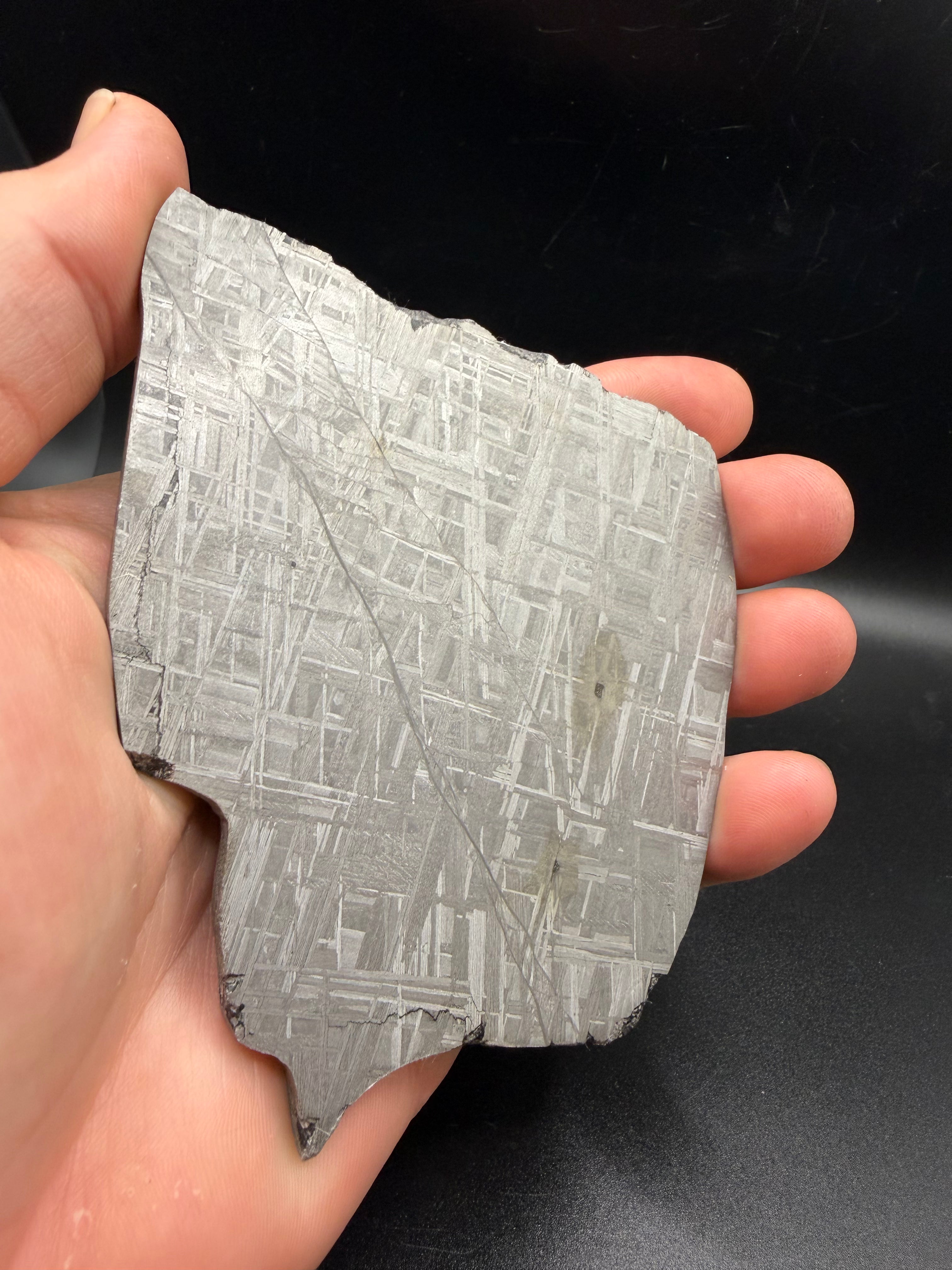 Muonionalusta meteorite slice held in hand showing interlocking Widmanstätten structure of an IVA fine octahedrite iron meteorite.