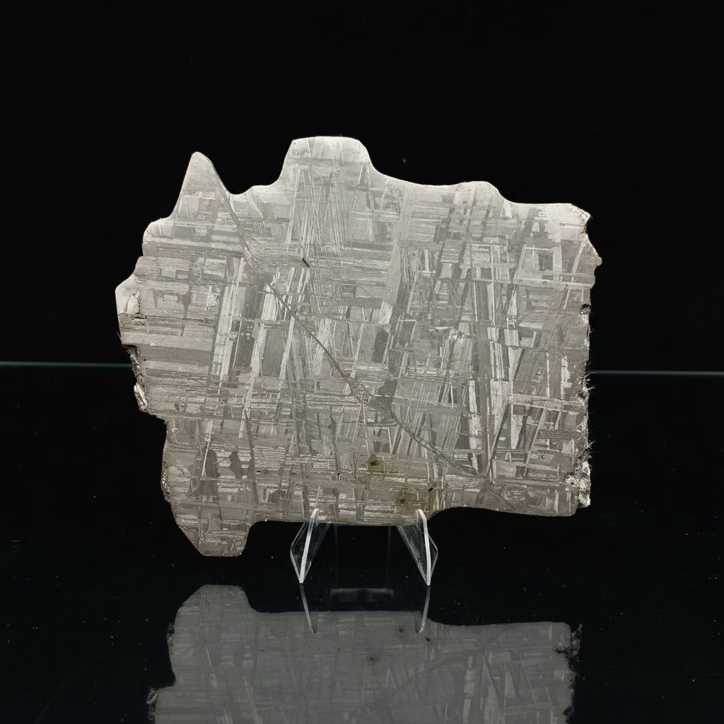Photograph of Muonionalusta IVA fine octahedrite iron meteorite slice showing etched Widmanstätten pattern, 292.00g
