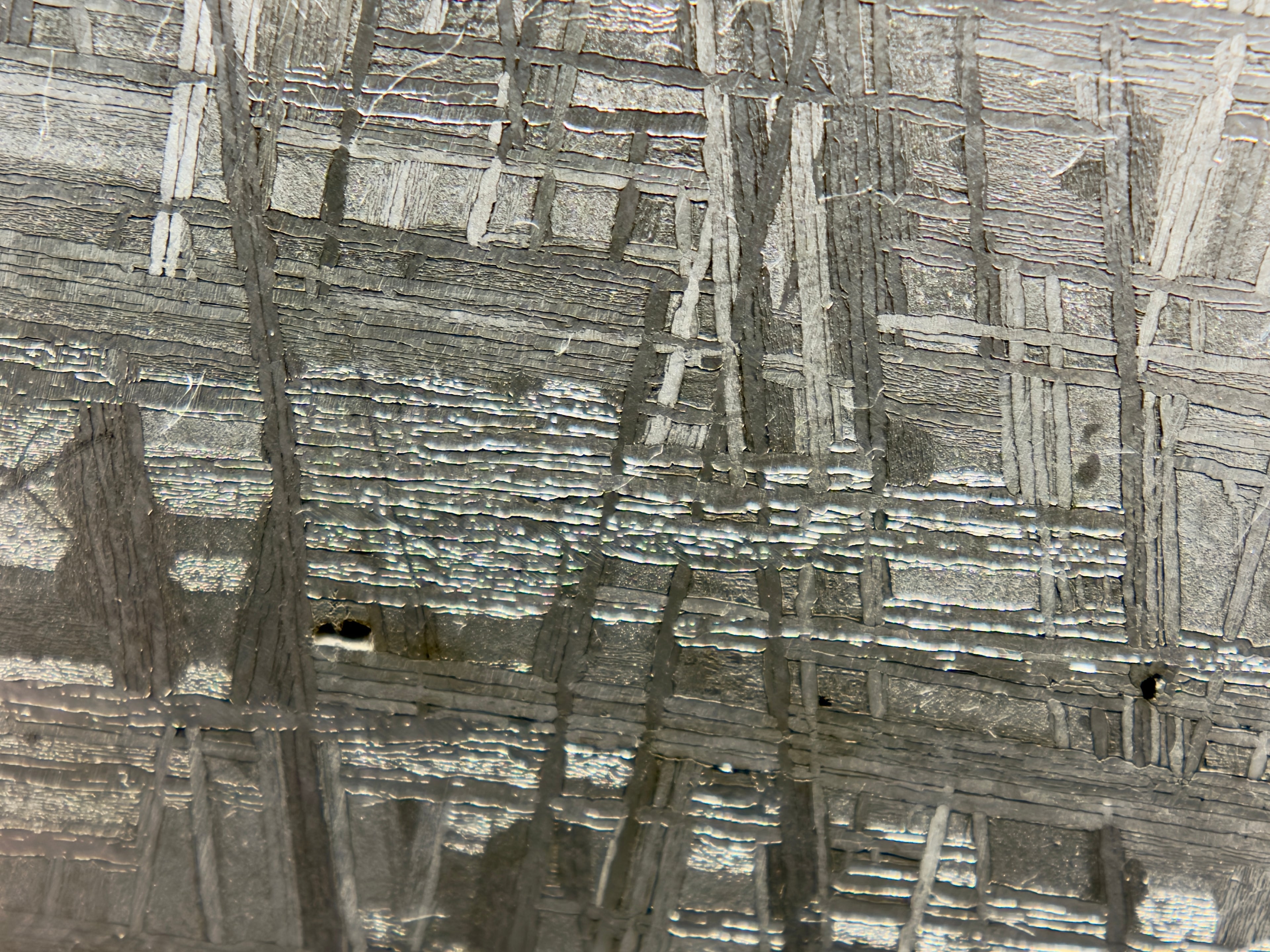 Detail view of Muonionalusta iron meteorite showing Widmanstätten pattern iron nickel crystal structure, 292.00g