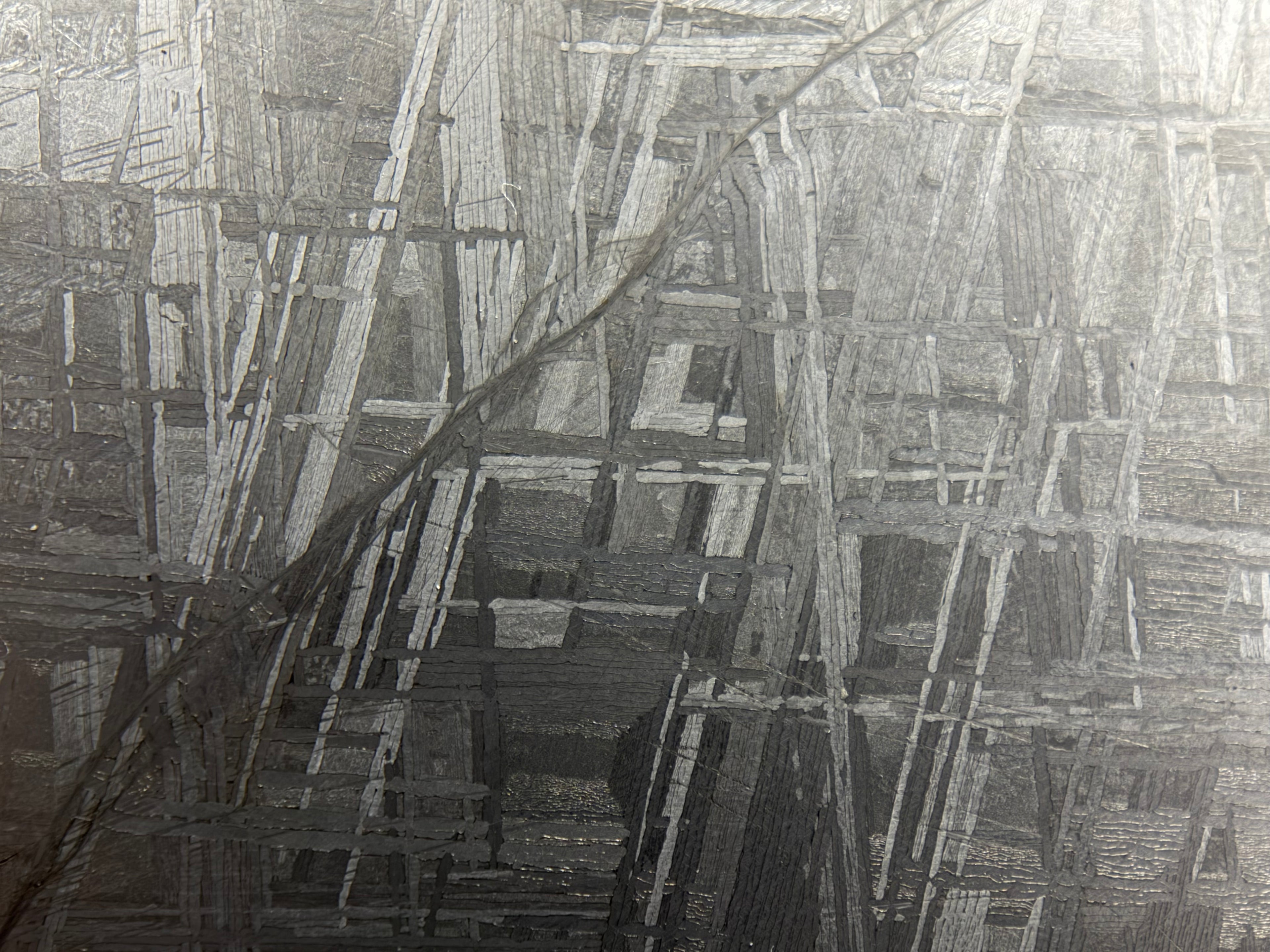 Muonionalusta slice 330.81g -- surface texture showing differential etching of metallic phases