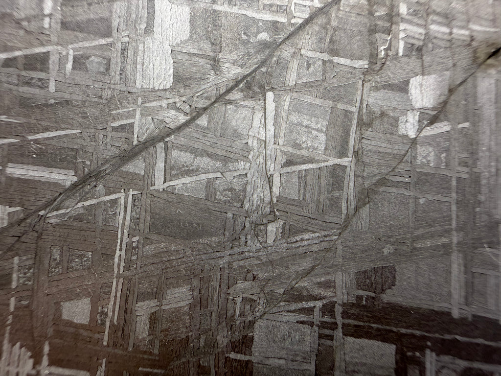 Shock deformation vein visible across the Widmanstätten structure of a Muonionalusta iron meteorite slice.