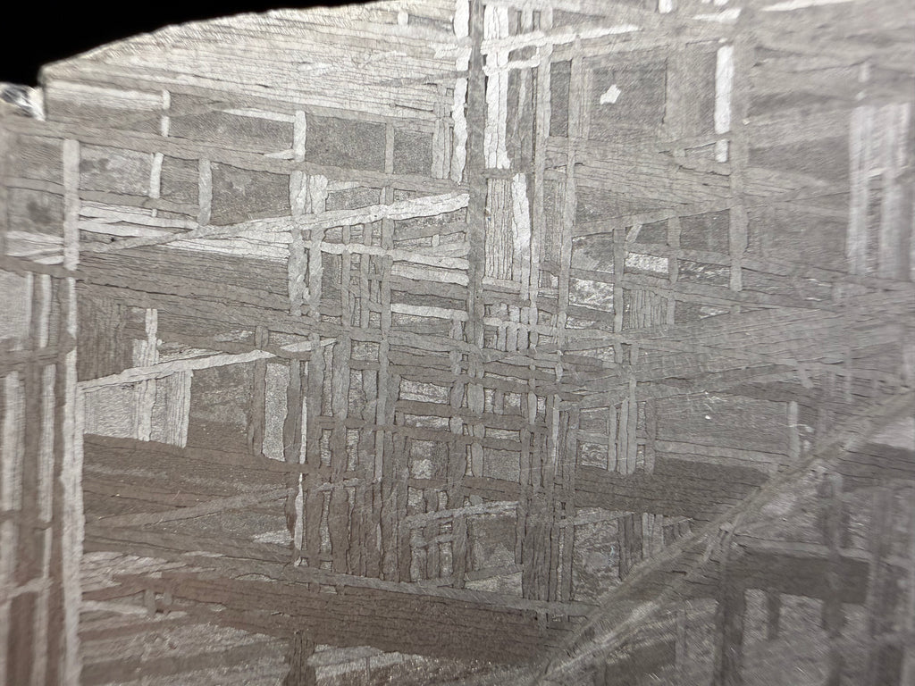 Detailed etched surface of Muonionalusta iron meteorite slice showing interlocking kamacite bands.