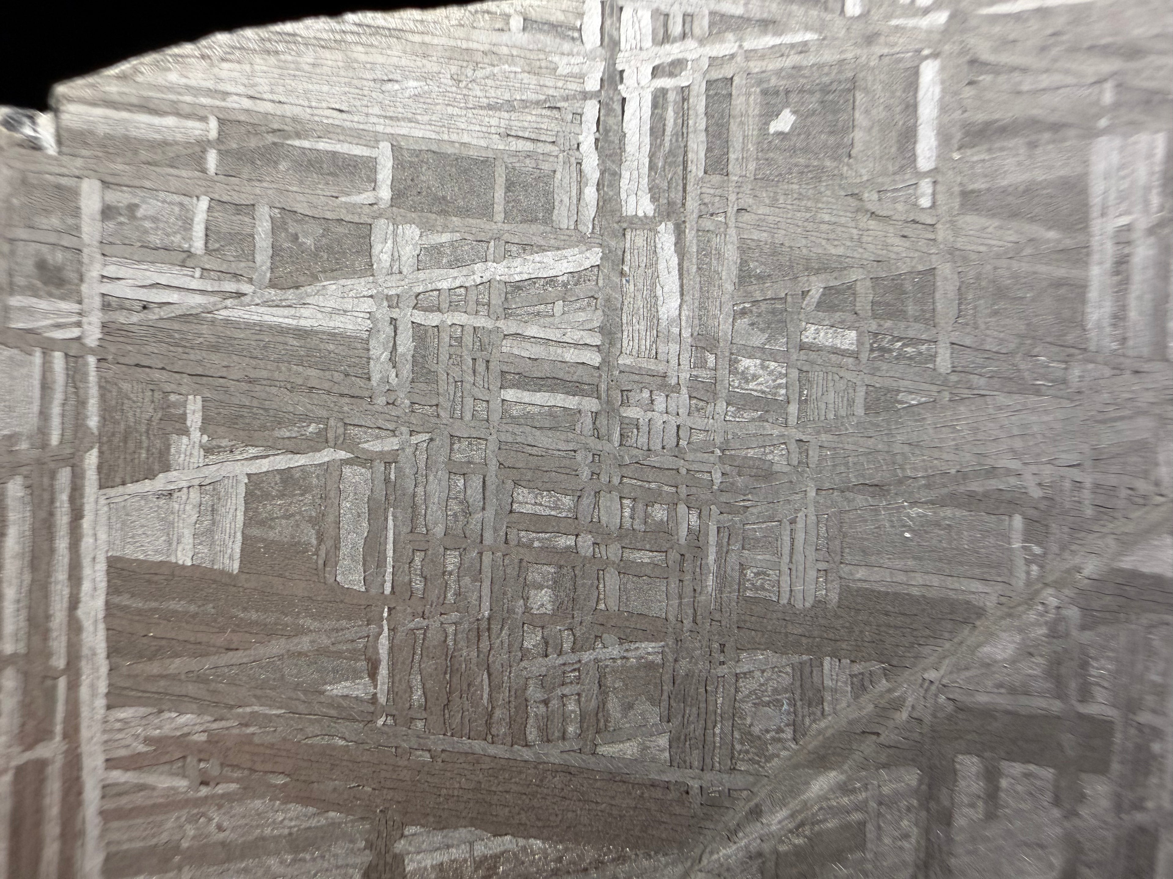 Detailed etched surface of Muonionalusta iron meteorite slice showing interlocking kamacite bands.