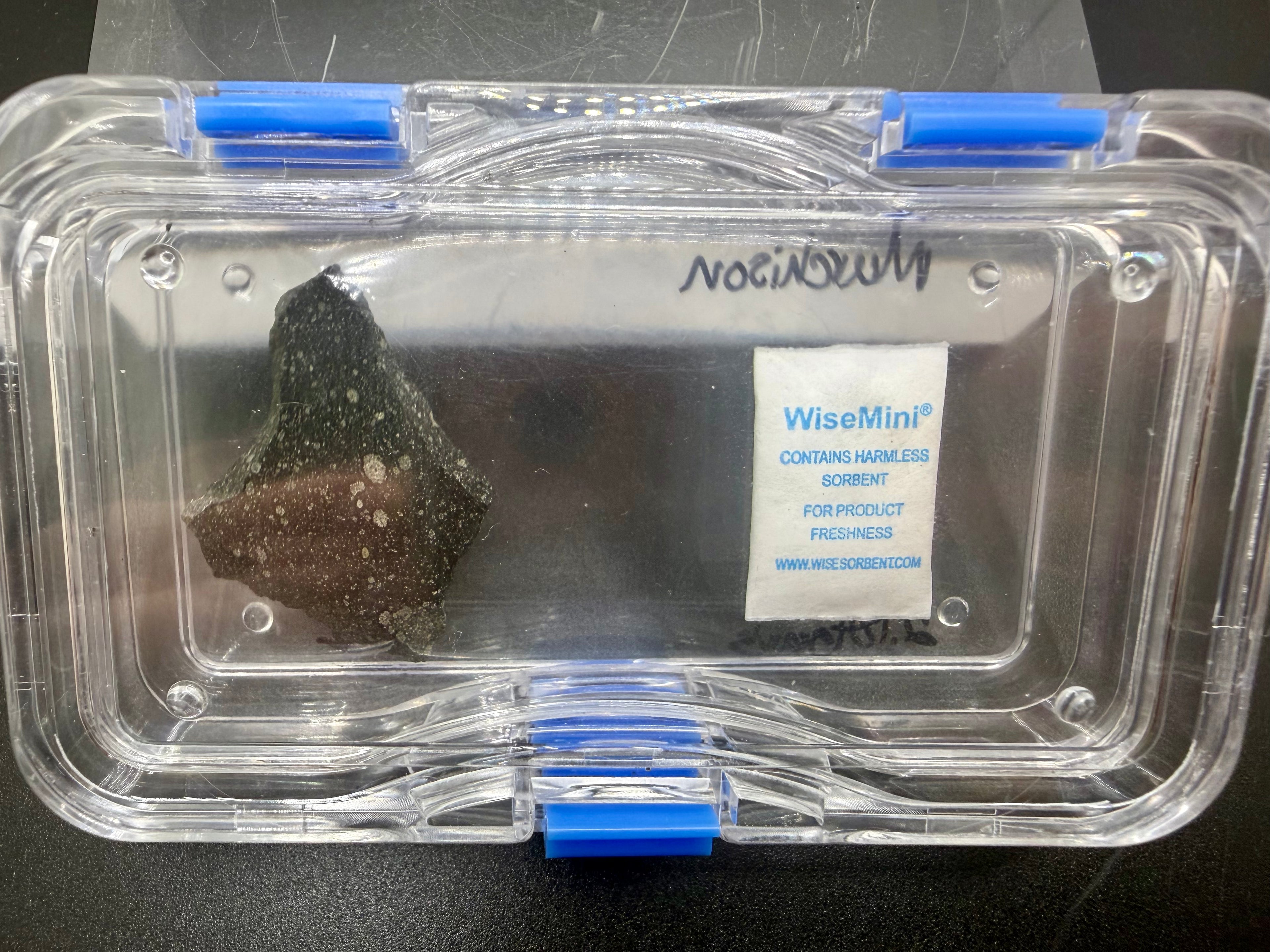 Murchison CM2 carbonaceous chondrite meteorite slice stored in sealed case with desiccant packet
