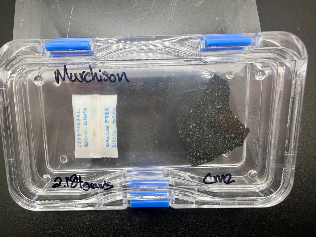 Front side of Murchison CM2 carbonaceous chondrite meteorite slice in display case with desiccant 
