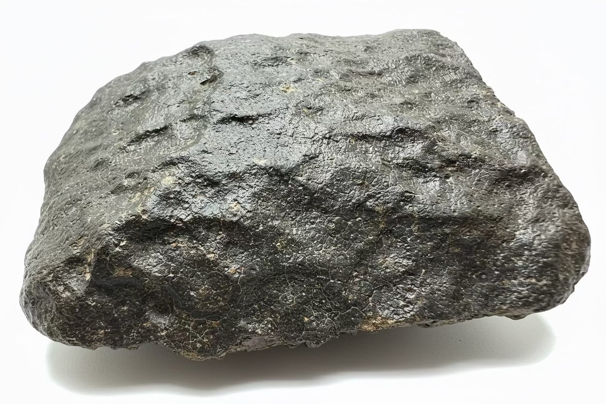 Profile view of NWA 17296 L5 Ordinary Chondrite Meteorite showing complete oriented stone with fusion-crusted dorsal surface and natural resting base, 1472.00g