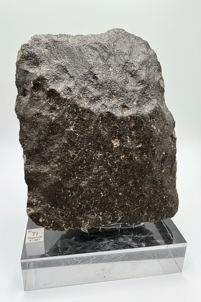 Side view of NWA 17296 L5 Ordinary Chondrite Meteorite showing pronounced regmaglypt depressions from atmospheric ablation with titanium scale element, 1472.00g