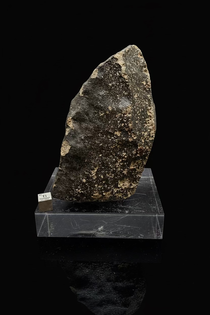 Trailing surface photo of NWA 17296 L5 Ordinary Chondrite Meteorite showing protected fusion crust on rear face of oriented stone with specimen label, 1472.00g