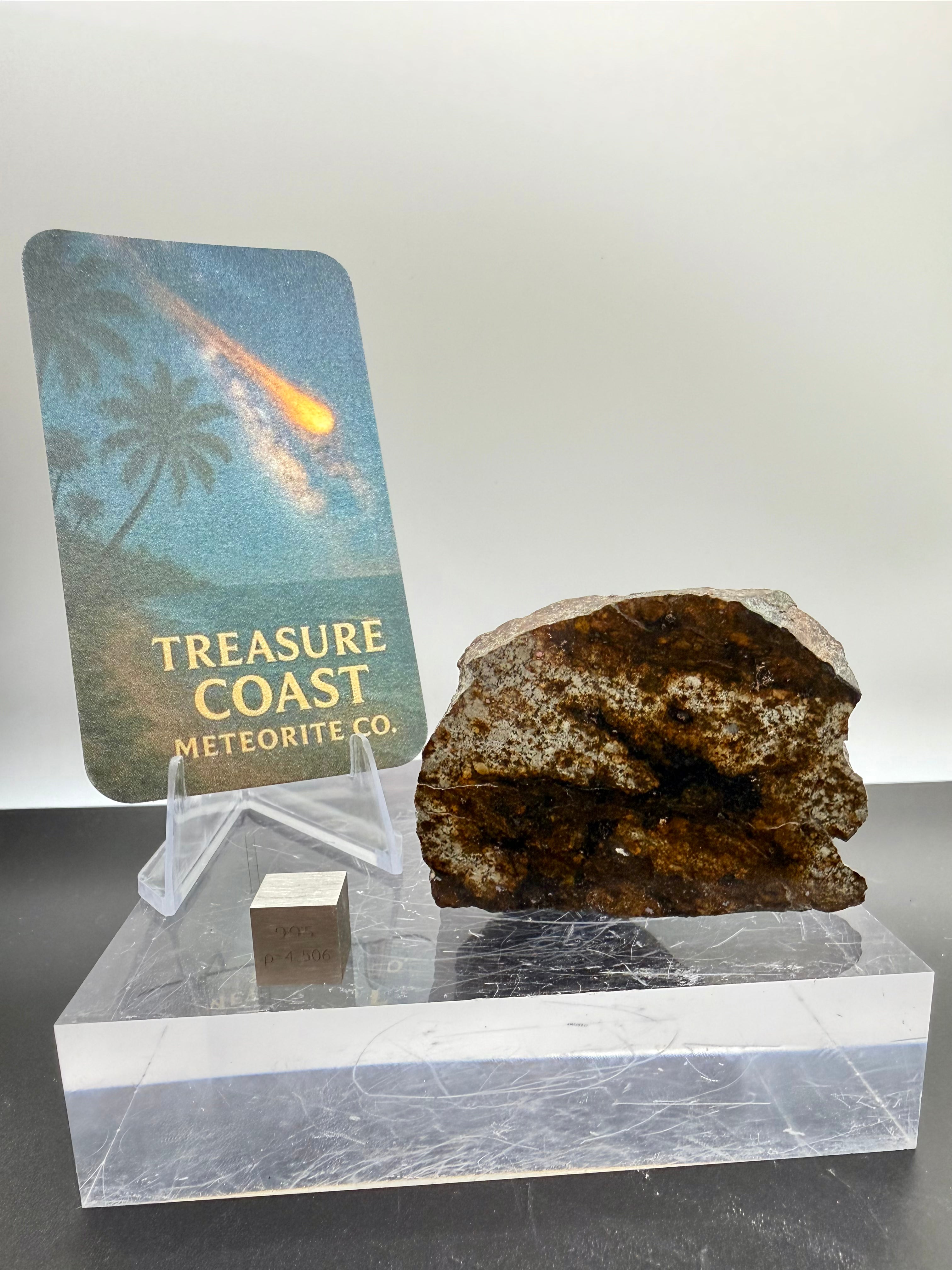 Display view of NWA 17298 L6 Ordinary Chondrite Meteorite showing natural fusion crust exterior with display card and titanium scale cube, 209.51g
