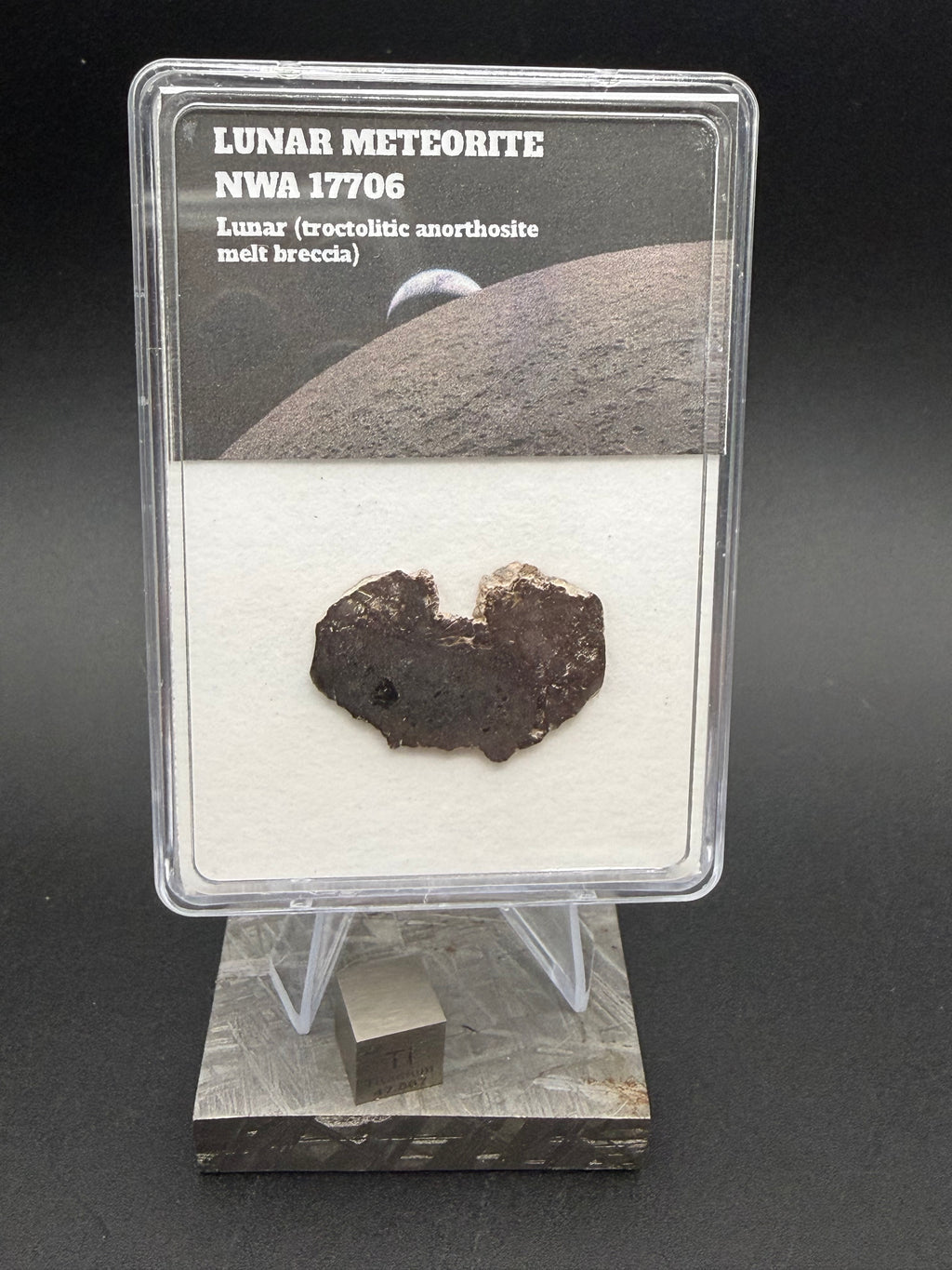 NWA 17706 lunar meteorite 1.91g full slice in collector display case with classification label, Lunar troctolitic anorthosite melt breccia