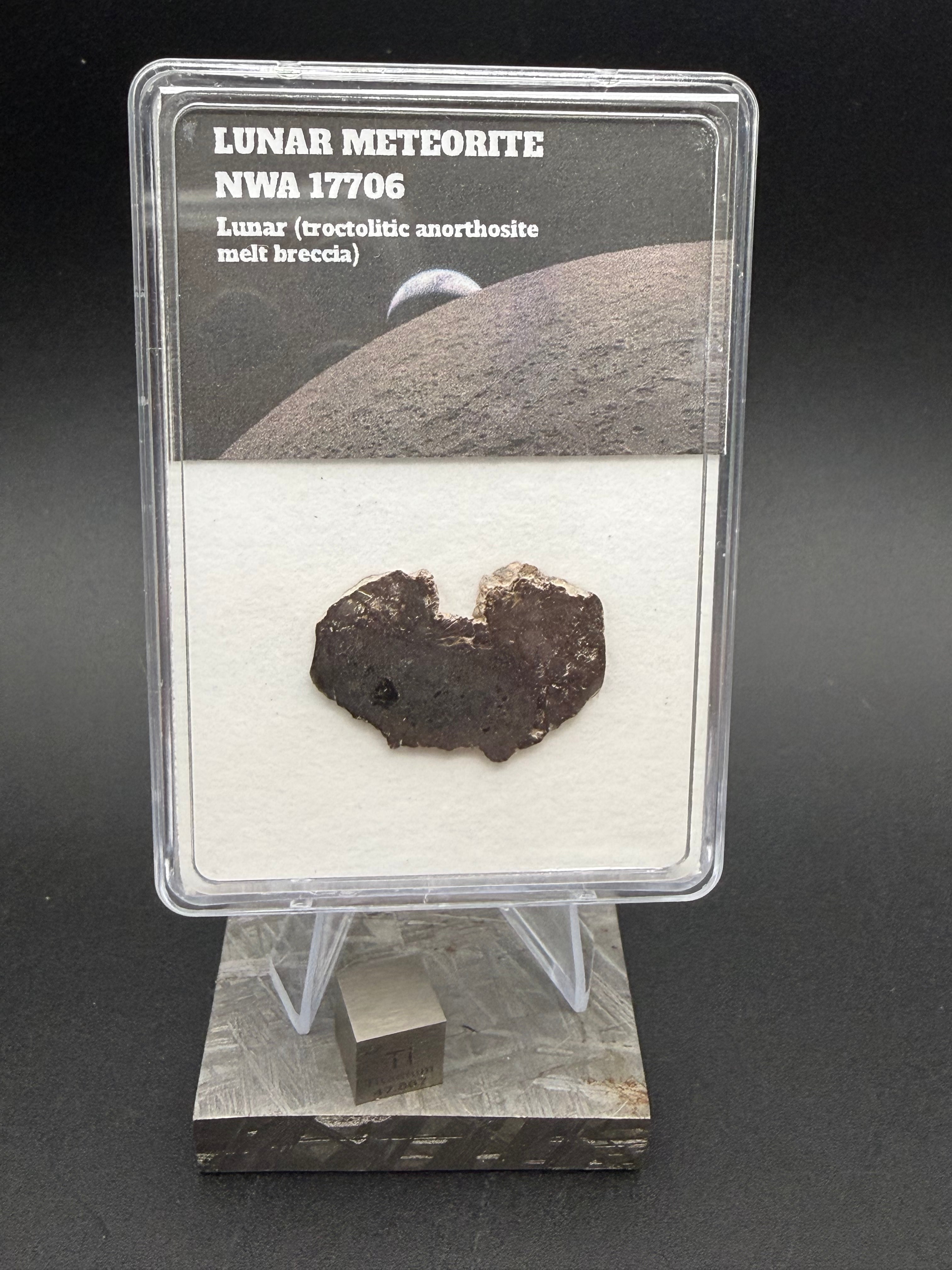 NWA 17706 lunar meteorite 1.91g full slice in collector display case with classification label, Lunar troctolitic anorthosite melt breccia