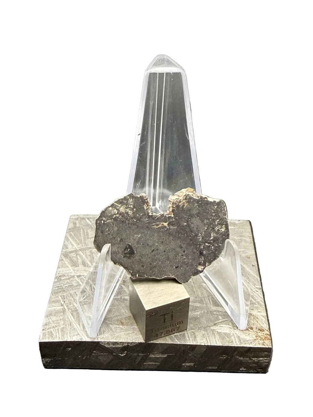 NWA 17706 lunar meteorite 1.91g full slice on acrylic display stand with titanium cube for scale