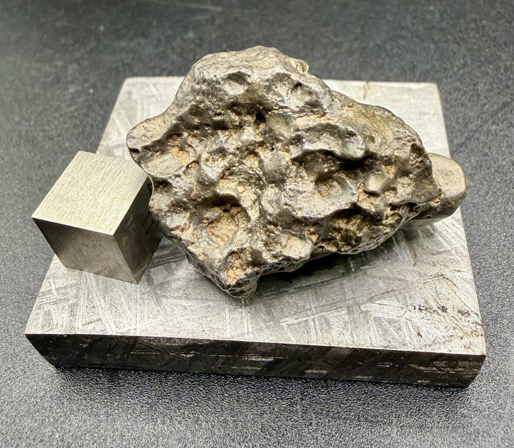 NWA 17706 lunar meteorite complete individual viewed from above, knobby pitted exterior with pale tan material in the hollows