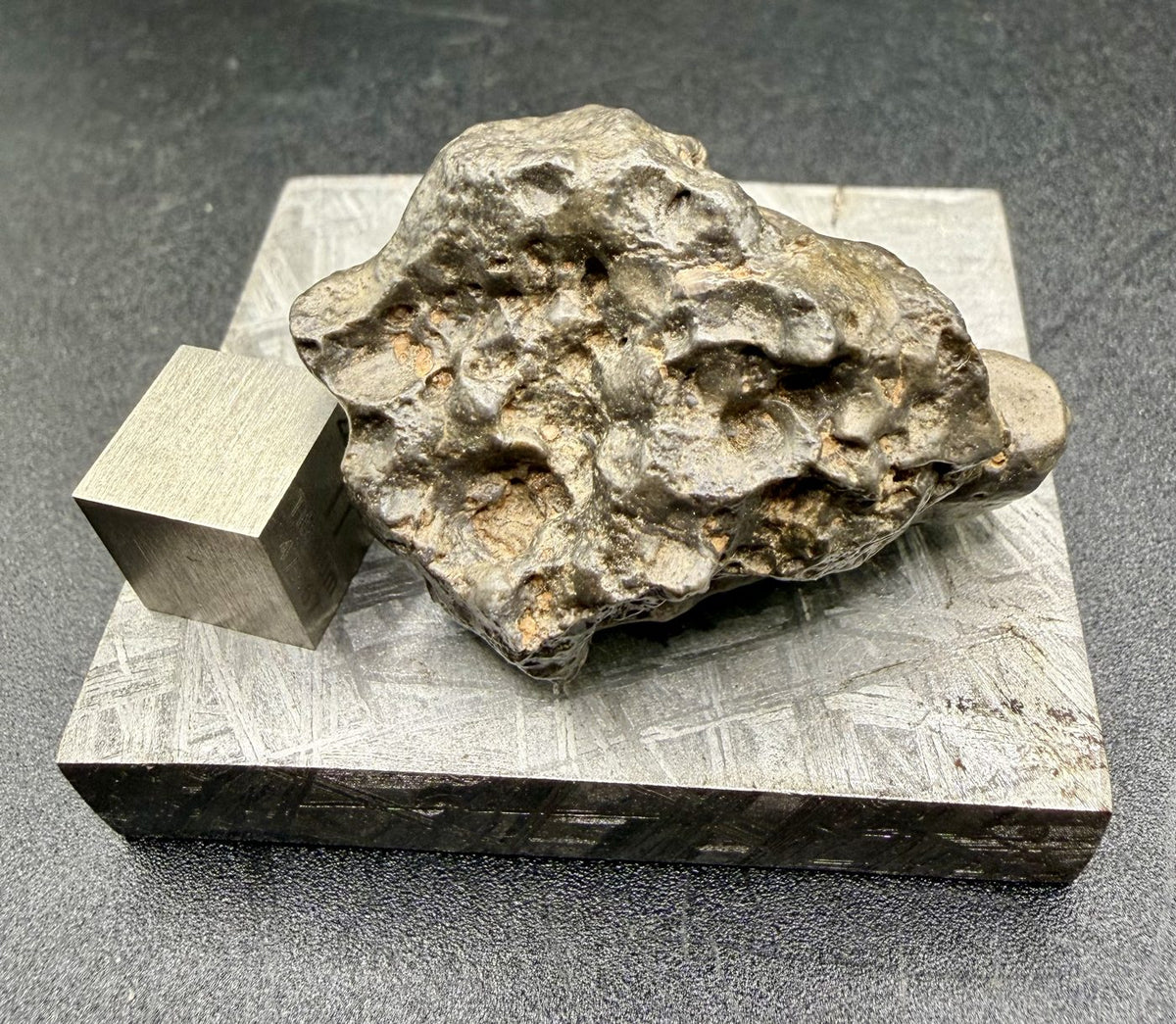 NWA 17706 lunar meteorite complete individual viewed from above, knobby pitted exterior with pale tan material in the hollows