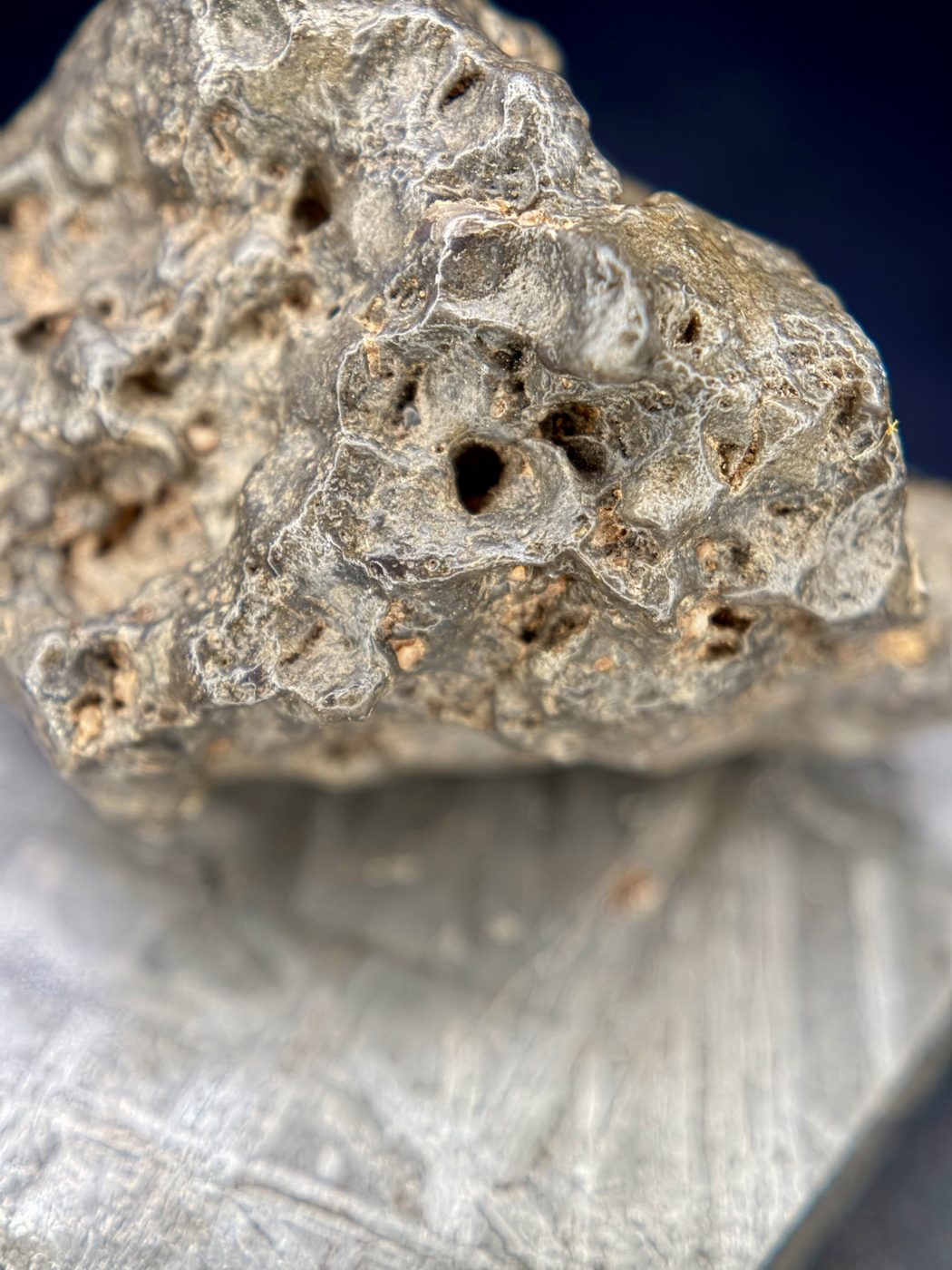 Deep pits and tan material in the hollows of the NWA 17706 lunar meteorite surface