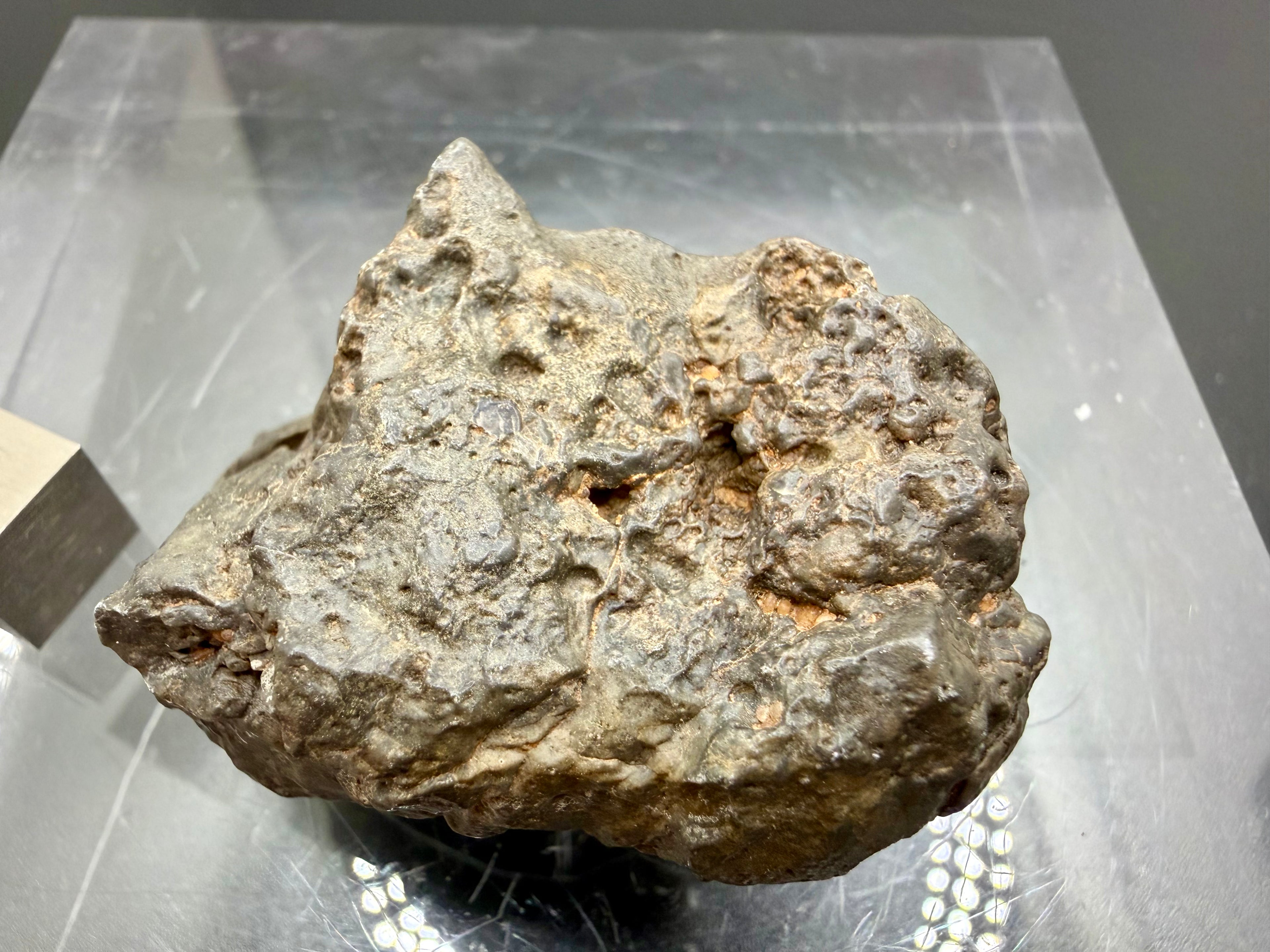 NWA 17706 lunar meteorite 45.40g back side showing surface features with scale cube