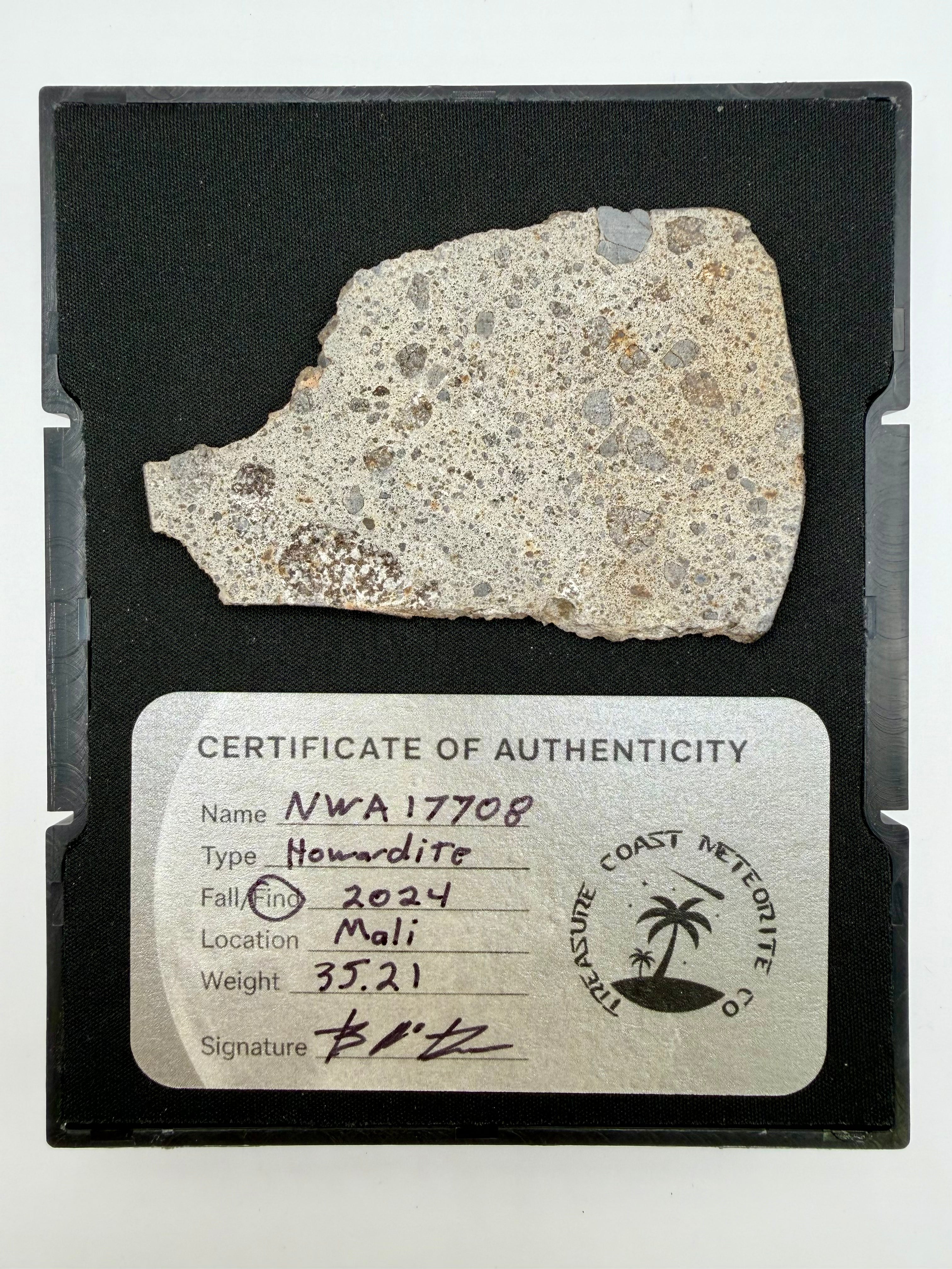 Full view of NWA 17708 howardite meteorite slice showing brecciated face alongside Treasure Coast Meteorite Co. certificate of authenticity card - 35.21g