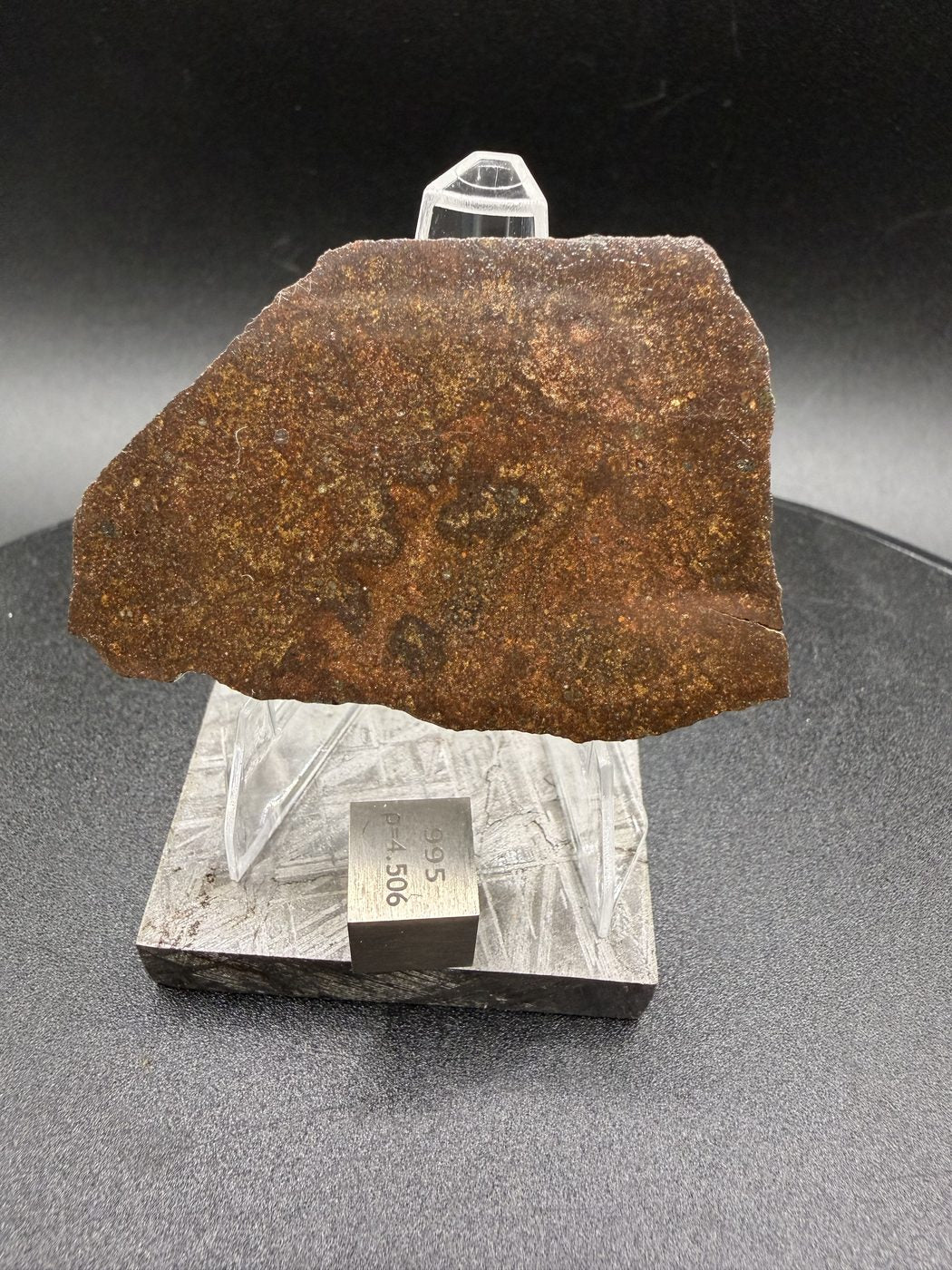 NWA 17916 CO3 carbonaceous chondrite meteorite slice displayed upright with reference cube for scale, 11.28g