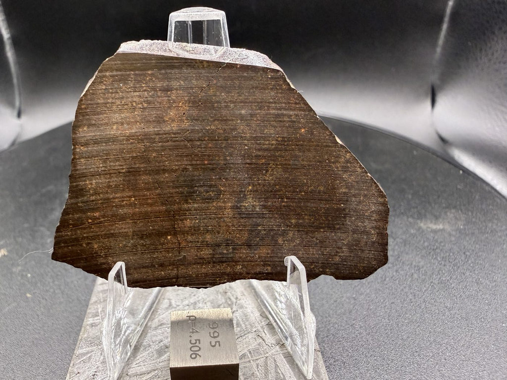 Reverse face of NWA 17916 CO3 carbonaceous chondrite meteorite slice showing saw cut surface with visible cutting striations, 13.00g