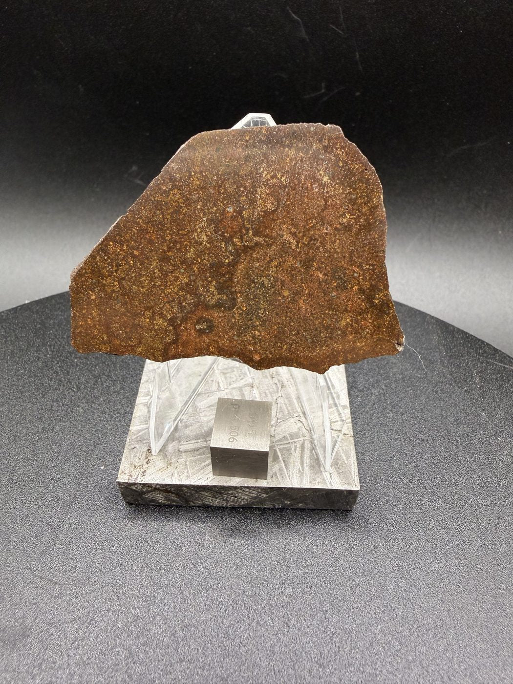 NWA 17916 CO3 carbonaceous chondrite meteorite slice displayed upright with reference cube for scale, 13.00g