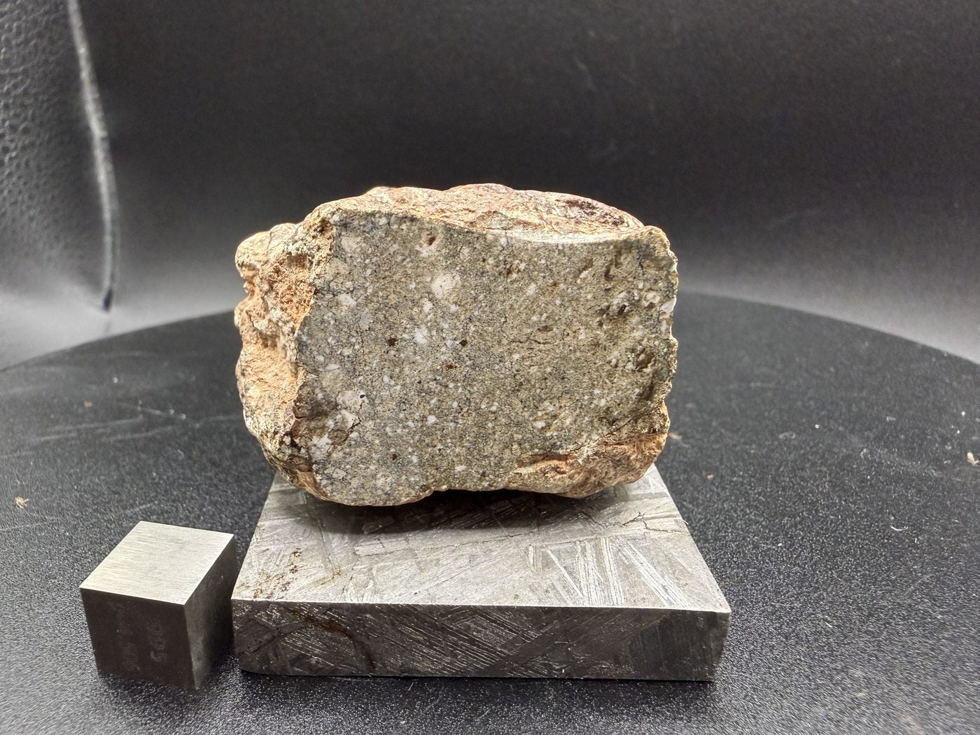 Cut face view of NWA 17918 Diogenite-pm meteorite showing angular white clasts in grey matrix, 123.55g