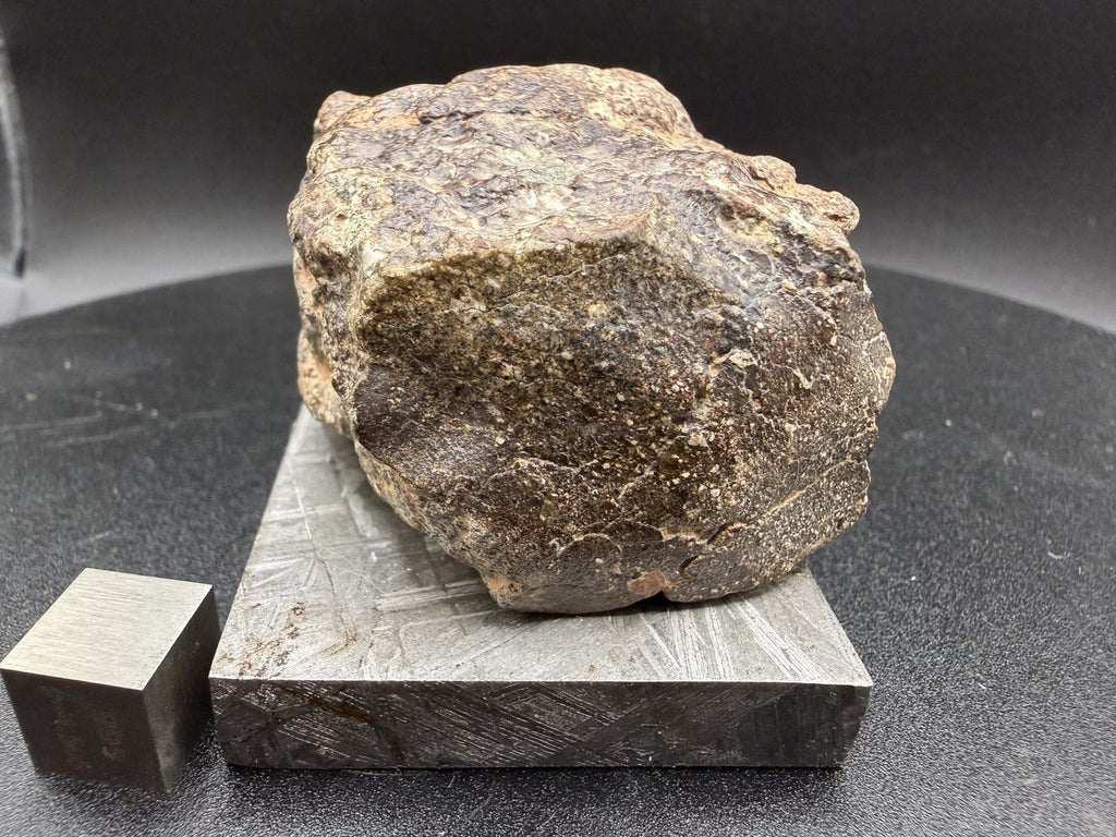 Angled view of NWA 17918 Diogenite-pm meteorite showing cut face and crusted exterior, 123.55g