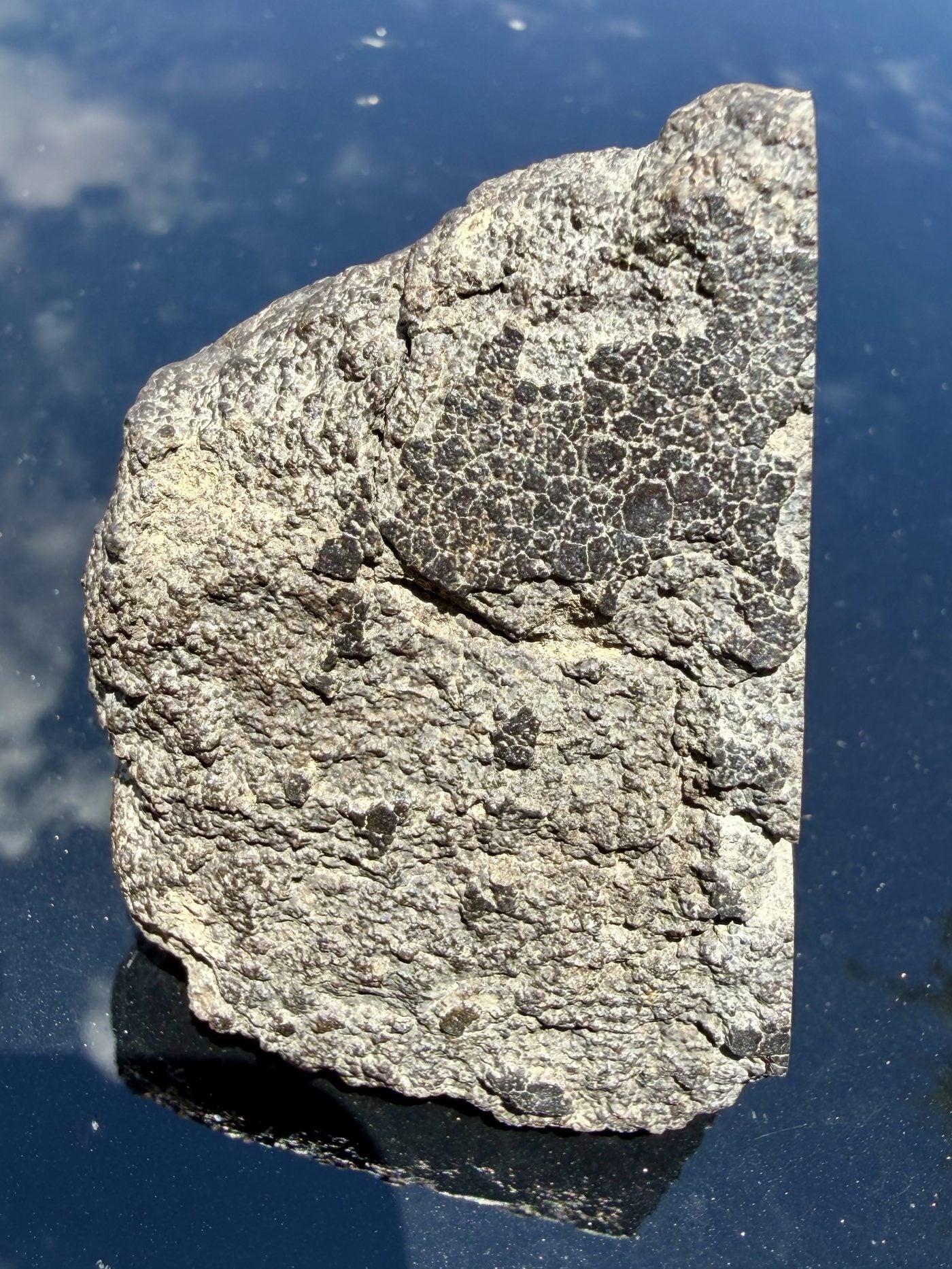 Angled view of NWA 17920 CK6 meteorite showing cut face and darker interior zones, 279.83g